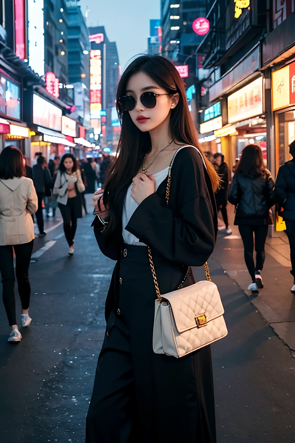 A beautiful city girl with detailed makeup, Stylish clothes, and a high-class sense of fashion, Long straight hair, Bring a stylish handbag, And wear trendy sunglasses, Walk the busy streets of Seoul confidently [urban, modern, vibrant]. Her flawless porcelain skin sparkled in the sun, Highlight her impeccable complexion. The vibrant colors of the cityscape create a vivid backdrop, The market is bustling, Neon lights, and skyscrapers [Dynamic, Energetic]. The girl is surrounded by a group of fashionable girls, Different styles, Each one reflects their personality [Stylish, diffe]. The overall scene exudes charm and sophistication.

Artworks are rendered using a mix of digital painting and photography techniques [mixed media, Contemporary]. It demonstrates a high level of detail, Girls have intricate patterns on their clothes, Highlight her fashion-forward style. Well designed lighting，Create soft and dramatic effects, Enhance the overall atmosphere of the image [Soft lighting, Dramatic atmosphere]. The color palette consists of vibrant and saturated hues, Give the artwork a bold and captivating look [vibrant, Colorful]. The composition of the artwork is carefully balanced, Draw the audience's attention to the fashion girl in the middle，while capturing the energy of the surrounding city [Balanced composition].

(Best quality, 4K, High-res), Ultra-detailed, realistic artwork, With a clear focus and vibrant colors, The perfect summary of the essence of urban fashion [Masterpiece:1.2, Ultra-detailed, Realistic:1.37]. The image quality is top-notch, Show every intricate detail of girls' makeup, Her stylish suit, and vibrant cityscapes. The overall feel of the artwork is exquisite，Visually stunning.