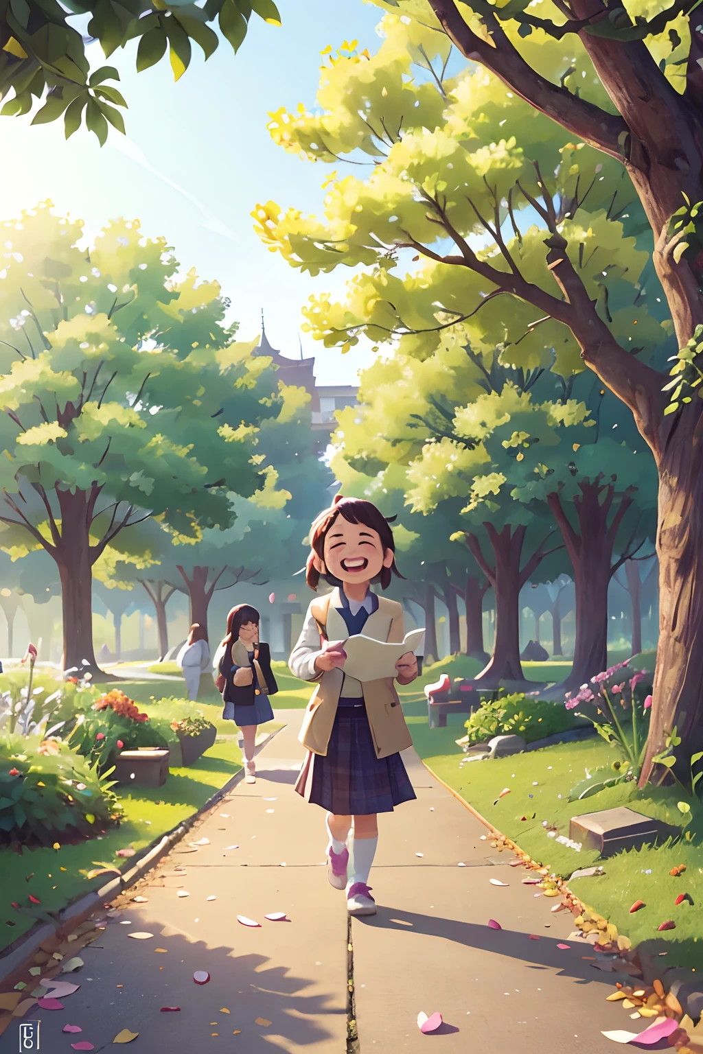 photoRealstic、walk in a city park and enjoy studying with friends、Opens mouth and laughs、up of face、flower petals、season winter