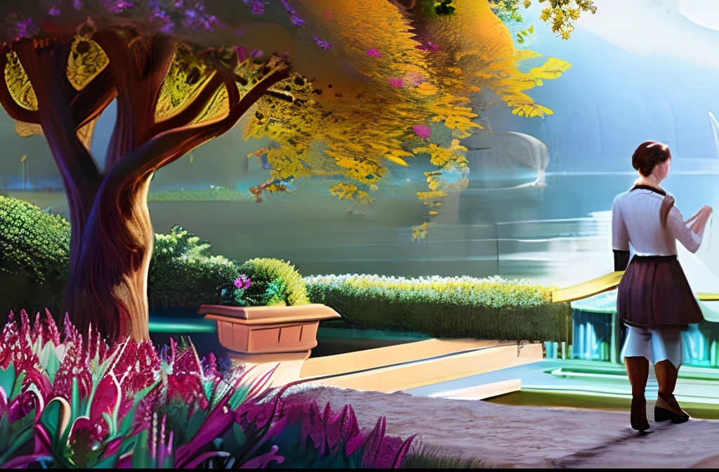 scene of a courtyard, 3 people, tranquil lake, sunlight, glow, scenery concept art, overgrowth. by Renoir , relaxing concept art, traditional classic concept art, a beautiful artwork illustration. high detail, background art, detailed concept art, environment design illustration, concept art highly detailed