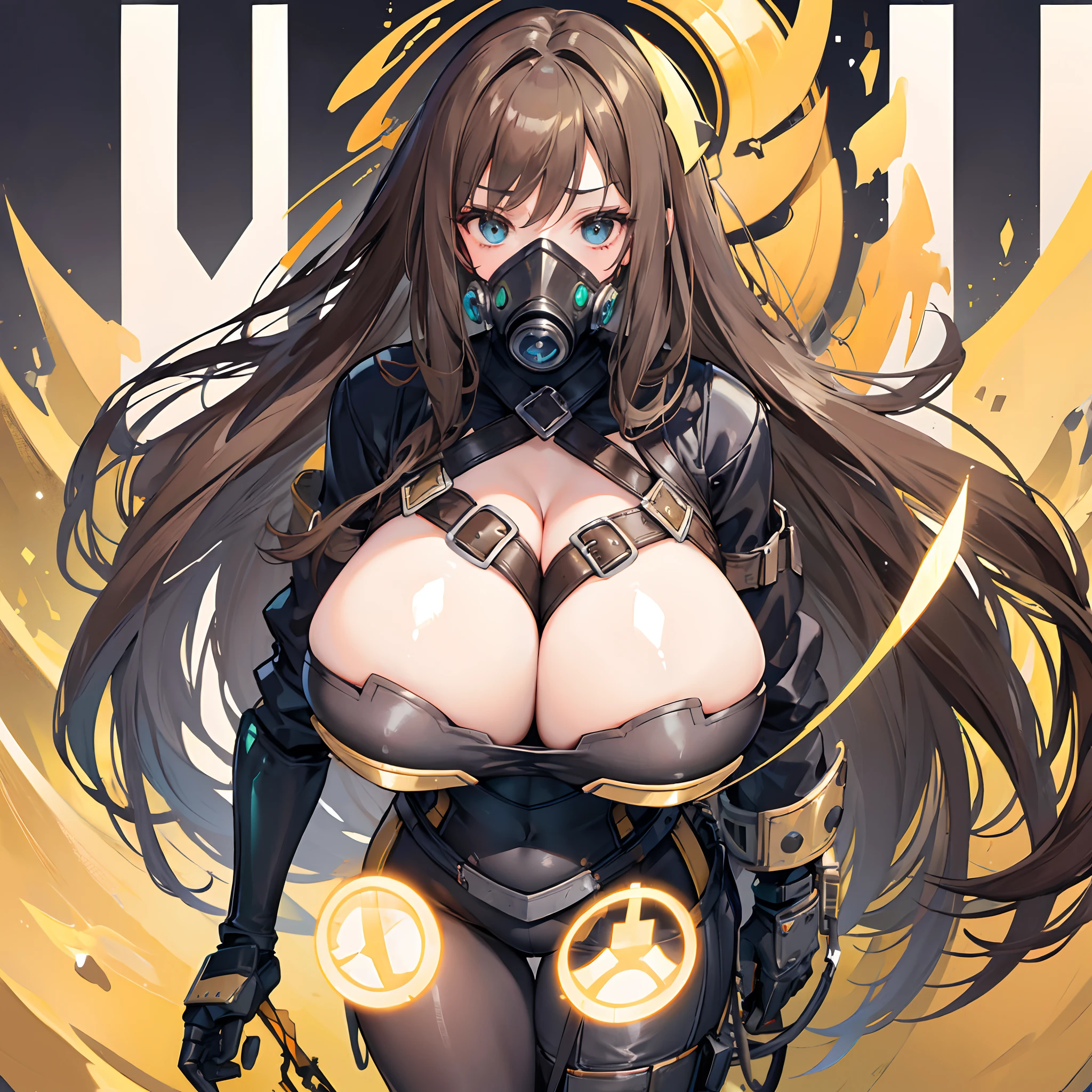 (gigantic cleavage breasts:1.3)，Solo，Western female knight in gas mask，black and golden armor，Full body like，stand posture，Long brown hair