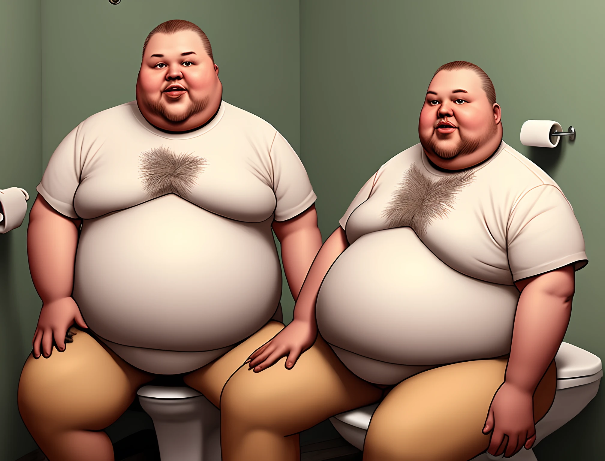 Realistic pot-bellied fat man sitting on the toilet