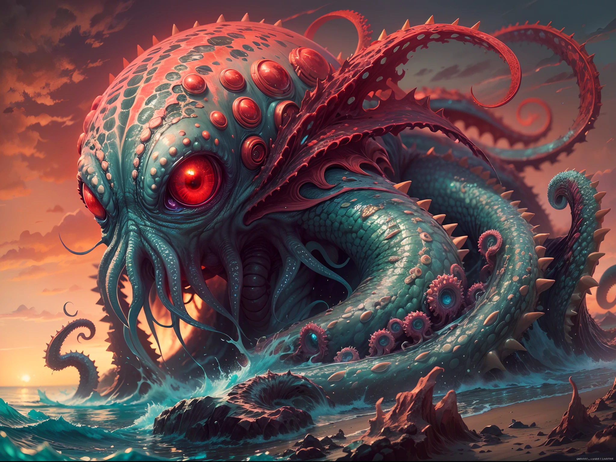 (best quality,highres,ultra-detailed),alien creature portrait,octopus-like,large size,beach landscape,alien green water sea,five glowing eyes,spiky tentacles,colorful scabrous skin,red sky,portrait,horror,concept artists,vivid colors,sharp focus,studio lighting