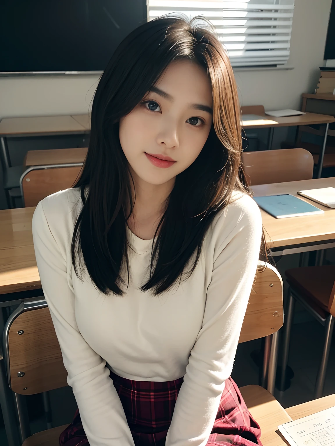 best qualtiy,tmasterpiece,超高分辨率,(真实感:1.4),RAW photogr,1girll,long whitr hair,Face Highlighting,Pure,Girly,Flushing,18yr old,18-year-old smiling female classmate,Pure,Innocent,(best qualtiy,8K,tmasterpiece:1.3),Goose egg face,largeeyes,long eyelasher,Exquisite(live-action realistic style),Star-like eyes,Ultimate face,Photorealistic light and shadow,Clear facial features,Milky white skin,Fair skin, highdetailskin, Realistic skin details, Visible Pore,(Super detail),(perfect bodies:1.1),long whitr hair,(dynamicposes),((Dynamic background((volumettic light:1.3)),Classroom,Plaid skirts,huge tit,White color blouse,black undersuit,There was a stack of books on the table,The blackboard is full of mathematical formulas,The girl sits in a chair