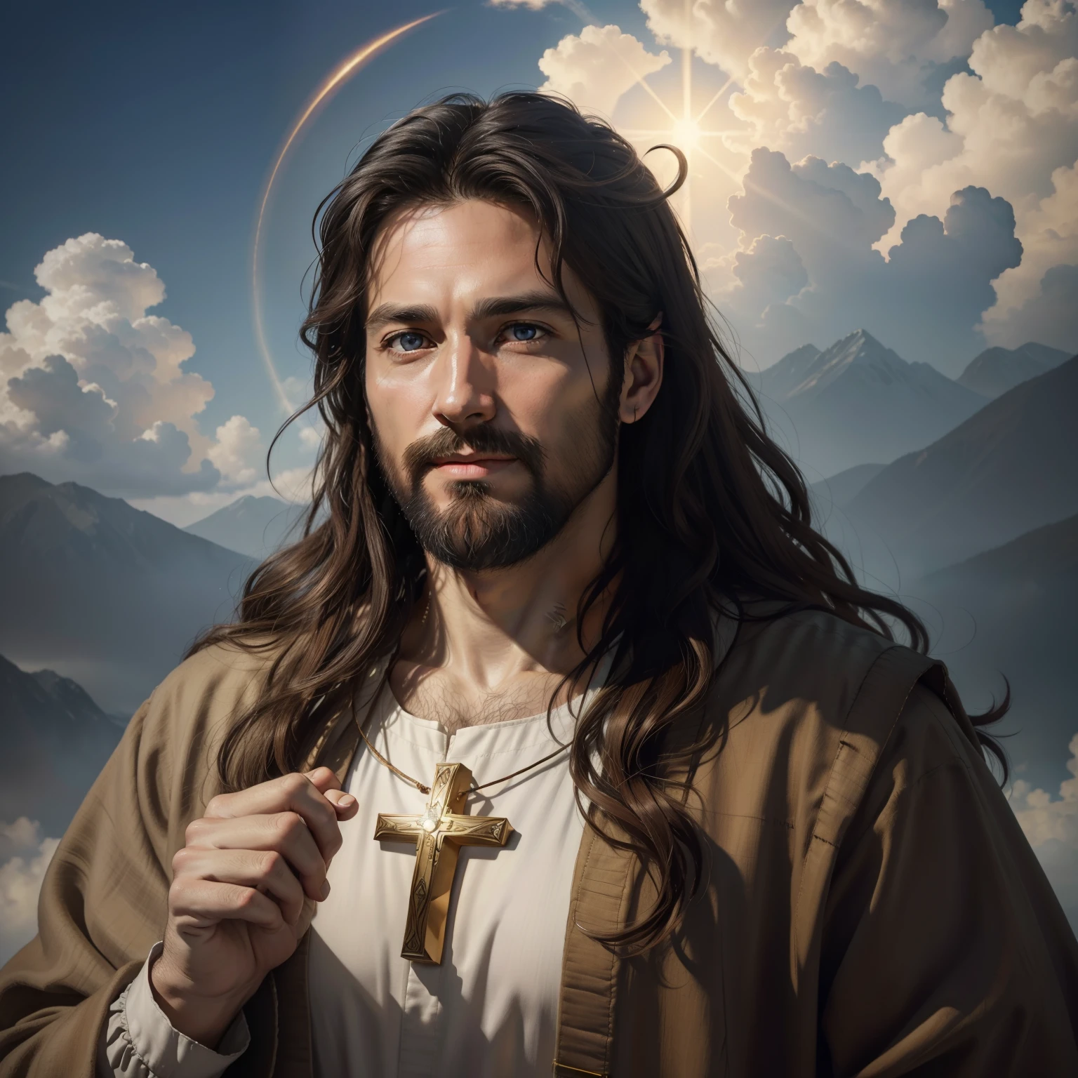 A beautiful ultra-thin realistic portrait of Jesus, the prophet, A 35-year-old Hebrew brunette man, Short brown hair, Perfect for real blue eyes, long brown beard, with, Help others , Wears a tunic of long linen，Chest half-fold, in front view, The upper part of the body, biblical, Realistic,Diego Velzquez,Peter Paul Rubens,Rembrandt,AlexRoss,8K, concept-art, Photorealistic, Realistic, illustration, Oil painting, surrealism, Hyperrealistic, Help others , Digital art, Style, Watercolor true Jesus flying in the sky，Background sky, Jesus walked on the clouds, Bible illustrations, epic biblical representation, Holding the in your hand!, ,Holding a golden cross in his hand beautiful representation, 8k 3D model, Realistic, 3D reality of Jesus，There is a halo in the sky, Jesus Christ, smiling in heaven, Portrait of Jesus Christ, jesus face, 35 Young Almighty God, portrait of a heavenly god, Greg Olsen, gigachad jesus, Jesus of Nazareth, Jesus, The face of God, god looking at me, he is greeting you warmly, he is happy, Avatar image