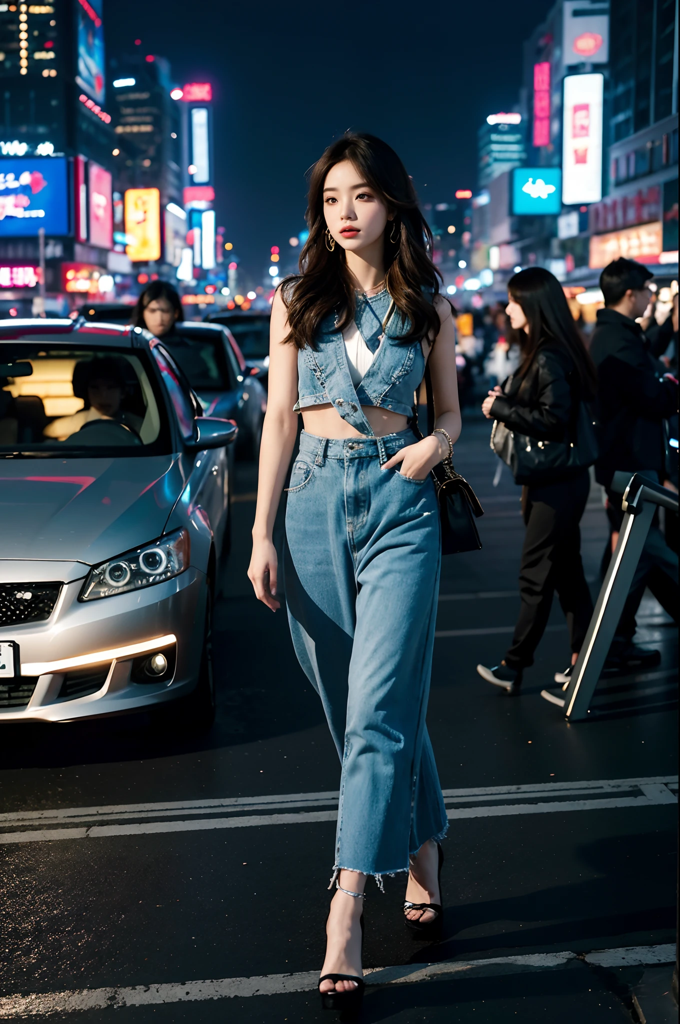 A beautiful city girl with detailed makeup, Stylish clothes, and a high-class sense of fashion, Long straight hair, Bring a stylish handbag, And wear trendy sunglasses, Walk the busy streets of Seoul confidently [urban, modern, vibrant]. Her flawless porcelain skin sparkled in the sun, Highlight her impeccable complexion. The vibrant colors of the cityscape create a vivid backdrop, The market is bustling, Neon lights, and skyscrapers [Dynamic, Energetic]. The girl is surrounded by a group of fashionable girls, Different styles, Each one reflects their personality [Stylish, diffe]. The overall scene exudes charm and sophistication.

Artworks are rendered using a mix of digital painting and photography techniques [mixed media, Contemporary]. It demonstrates a high level of detail, Girls have intricate patterns on their clothes, Highlight her fashion-forward style. Well-designed lighting，Create soft and dramatic effects, Enhance the overall atmosphere of the image [Soft lighting, Dramatic atmosphere]. The color palette consists of vibrant and saturated hues, Give the artwork a bold and captivating look [vibrant, Colorful]. The composition of the artwork is carefully balanced, Draw the audience's attention to the fashion girl in the middle，while capturing the energy of the surrounding city [Balanced composition].

(Best quality, 4K, High-res), Ultra-detailed, realistic artwork, With a clear focus and vibrant colors, The perfect summary of the essence of urban fashion [Masterpiece:1.2, Ultra-detailed, Realistic:1.37]. The image quality is top-notch, Show every intricate detail of girls' makeup, Her stylish suit, and vibrant cityscapes. The overall feel of the artwork is exquisite，Visually stunning.