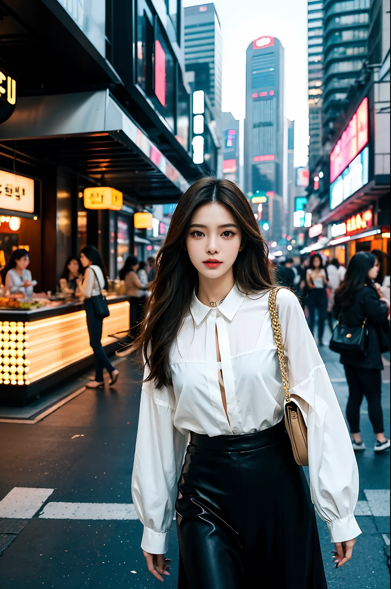 A beautiful city girl with detailed makeup, Stylish clothes, and a high-class sense of fashion, Long straight hair, Bring a stylish handbag, And wear trendy sunglasses, Walk the busy streets of Seoul confidently [urban, modern, vibrant]. Her flawless porcelain skin sparkled in the sun, Highlight her impeccable complexion. The vibrant colors of the cityscape create a vivid backdrop, The market is bustling, Neon lights, and skyscrapers [Dynamic, Energetic]. The girl is surrounded by a group of fashionable girls, Different styles, Each one reflects their personality [Stylish, diffe]. The overall scene exudes charm and sophistication.

Artworks are rendered using a mix of digital painting and photography techniques [mixed media, Contemporary]. It demonstrates a high level of detail, Girls have intricate patterns on their clothes, Highlight her fashion-forward style. Well-designed lighting，Create soft and dramatic effects, Enhance the overall atmosphere of the image [Soft lighting, Dramatic atmosphere]. The color palette consists of vibrant and saturated hues, Give the artwork a bold and captivating look [vibrant, Colorful]. The composition of the artwork is carefully balanced, Draw the audience's attention to the fashion girl in the middle，while capturing the energy of the surrounding city [Balanced composition].

(Best quality, 4K, High-res), Ultra-detailed, realistic artwork, With a clear focus and vibrant colors, The perfect summary of the essence of urban fashion [Masterpiece:1.2, Ultra-detailed, Realistic:1.37]. The image quality is top-notch, Show every intricate detail of girls' makeup, Her stylish suit, and vibrant cityscapes. The overall feel of the artwork is exquisite，Visually stunning.