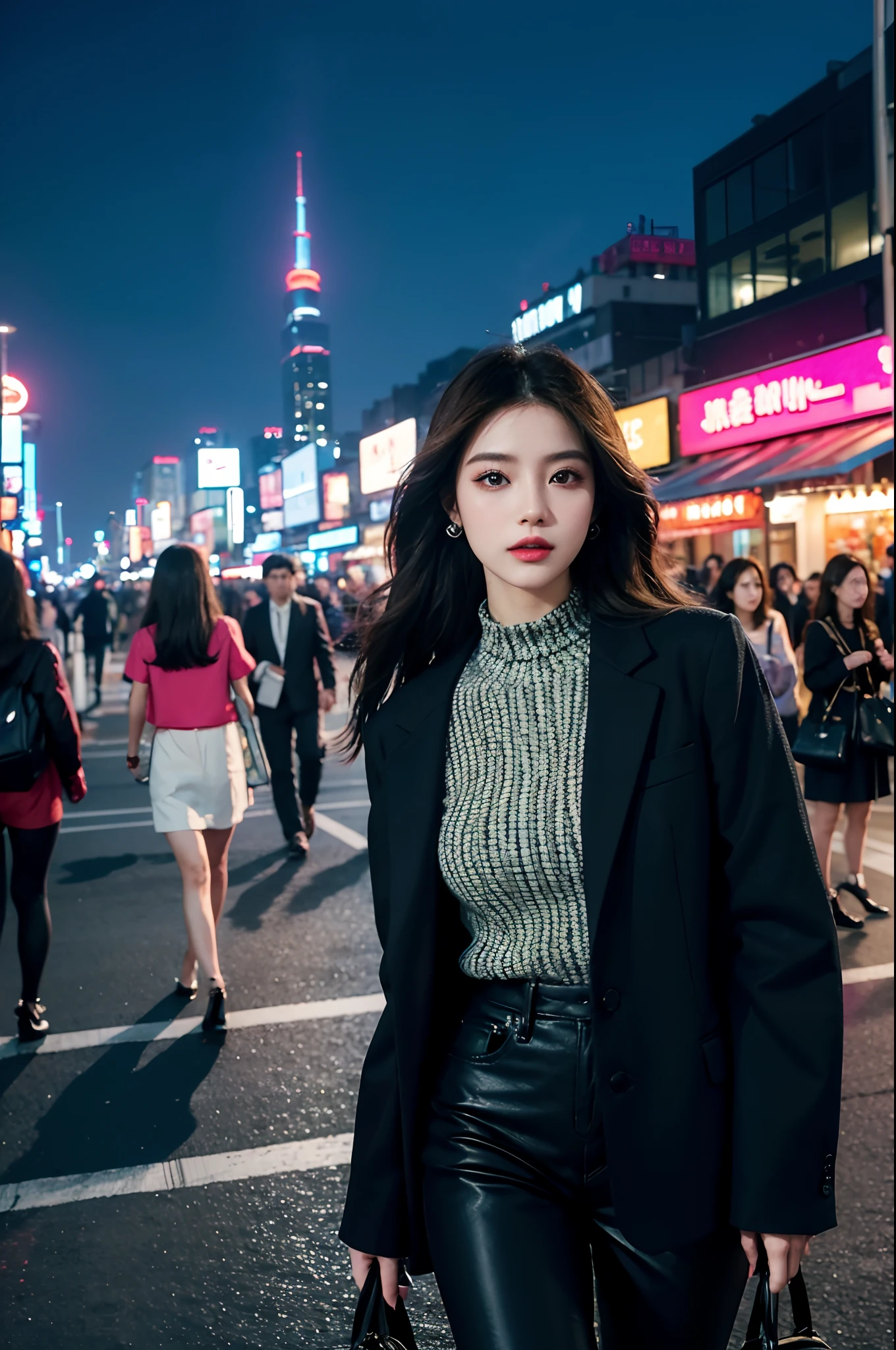 A beautiful city girl with detailed makeup, Stylish clothes, and a high-class sense of fashion, Long straight hair, Bring a stylish handbag, And wear trendy sunglasses, Walk the busy streets of Seoul confidently [urban, modern, vibrant]. Her flawless porcelain skin sparkled in the sun, Highlight her impeccable complexion. The vibrant colors of the cityscape create a vivid backdrop, The market is bustling, Neon lights, and skyscrapers [Dynamic, Energetic]. The girl is surrounded by a group of fashionable girls, Different styles, Each one reflects their personality [Stylish, diffe]. The overall scene exudes charm and sophistication.

Artworks are rendered using a mix of digital painting and photography techniques [mixed media, Contemporary]. It demonstrates a high level of detail, Girls have intricate patterns on their clothes, Highlight her fashion-forward style. Well-designed lighting，Create soft and dramatic effects, Enhance the overall atmosphere of the image [Soft lighting, Dramatic atmosphere]. The color palette consists of vibrant and saturated hues, Give the artwork a bold and captivating look [vibrant, Colorful]. The composition of the artwork is carefully balanced, Draw the audience's attention to the fashion girl in the middle，while capturing the energy of the surrounding city [Balanced composition].

(Best quality, 4K, High-res), Ultra-detailed, realistic artwork, With a clear focus and vibrant colors, The perfect summary of the essence of urban fashion [Masterpiece:1.2, Ultra-detailed, Realistic:1.37]. The image quality is top-notch, Show every intricate detail of girls' makeup, Her stylish suit, and vibrant cityscapes. The overall feel of the artwork is exquisite，Visually stunning.