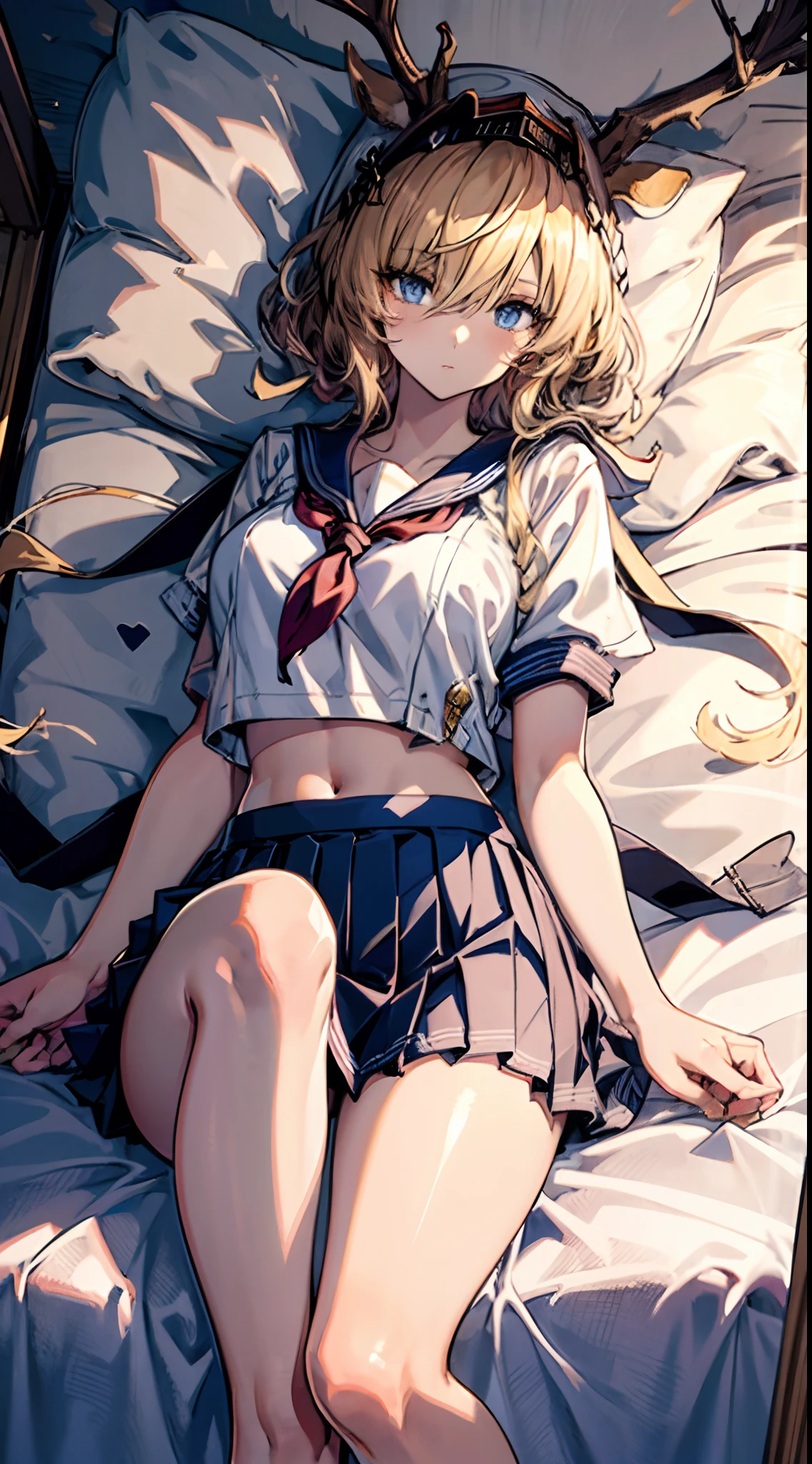 Beautiful illustration、top-quality、Cute *********** s、Bedroom、Golden hair、long whitr hair、(((pleatedskirt)))、(((a sailor suit)))、short- sleeved、a navel、Pull up the skirt，Bare legged、eBlue eyes、on top of the bed、Lovely thighs、glowing thigh