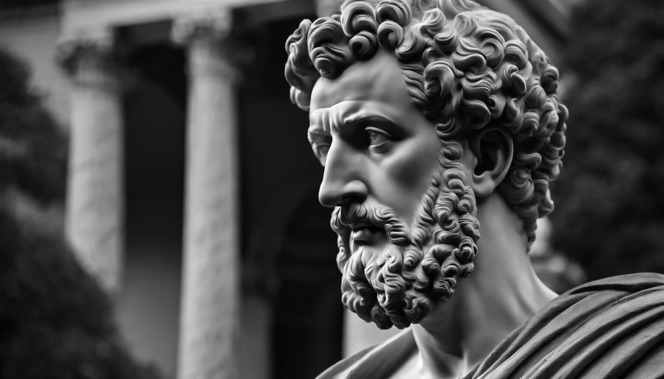 a statue of the stoic Marcus Aurelius in black and white 4K,Face de lado, papel de parede super realista, corpo forte, sem camisa, tronco forte