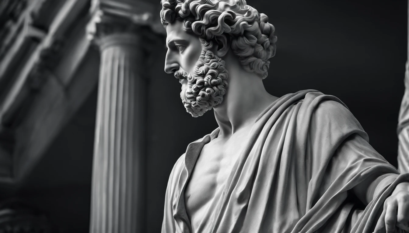 a statue of the stoic Marcus Aurelius in black and white 4K,Face de lado, papel de parede super realista, corpo forte, sem camisa, tronco forte