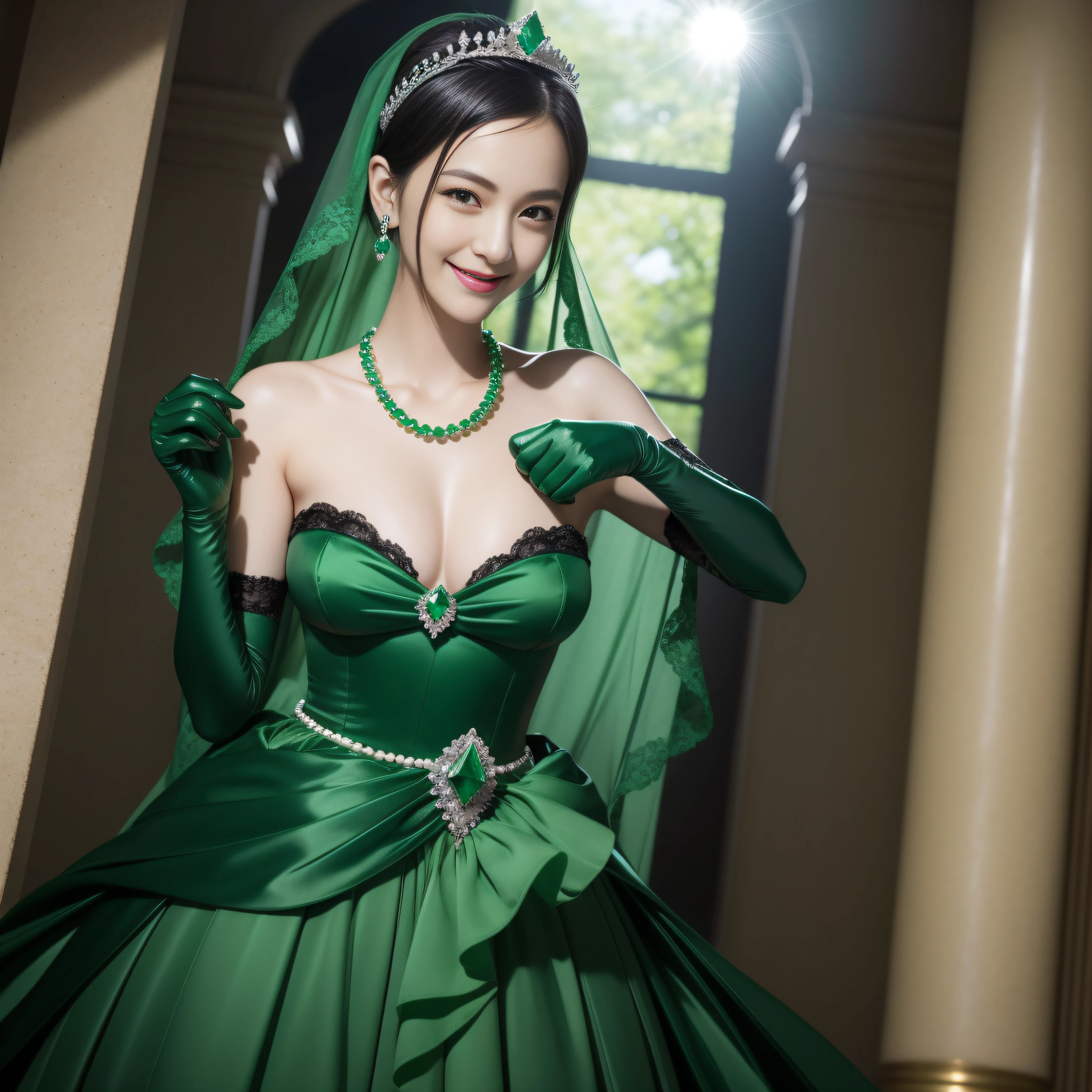 emerald tiara, Green Pearl Necklace, Boyish very short black hair, lipsticks, Japan woman smiling, Long green gloves made of satin material, very short short hair, fist, big breasts beautiful, Round face, Green eyes