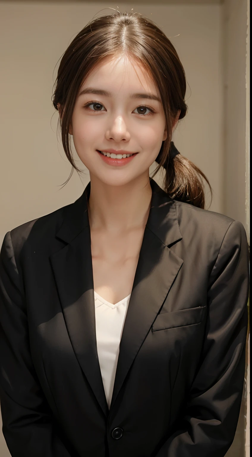 1 pretty girl，white skinned，brown  hair，looking at viewer，pony tail, happy smile, black suit