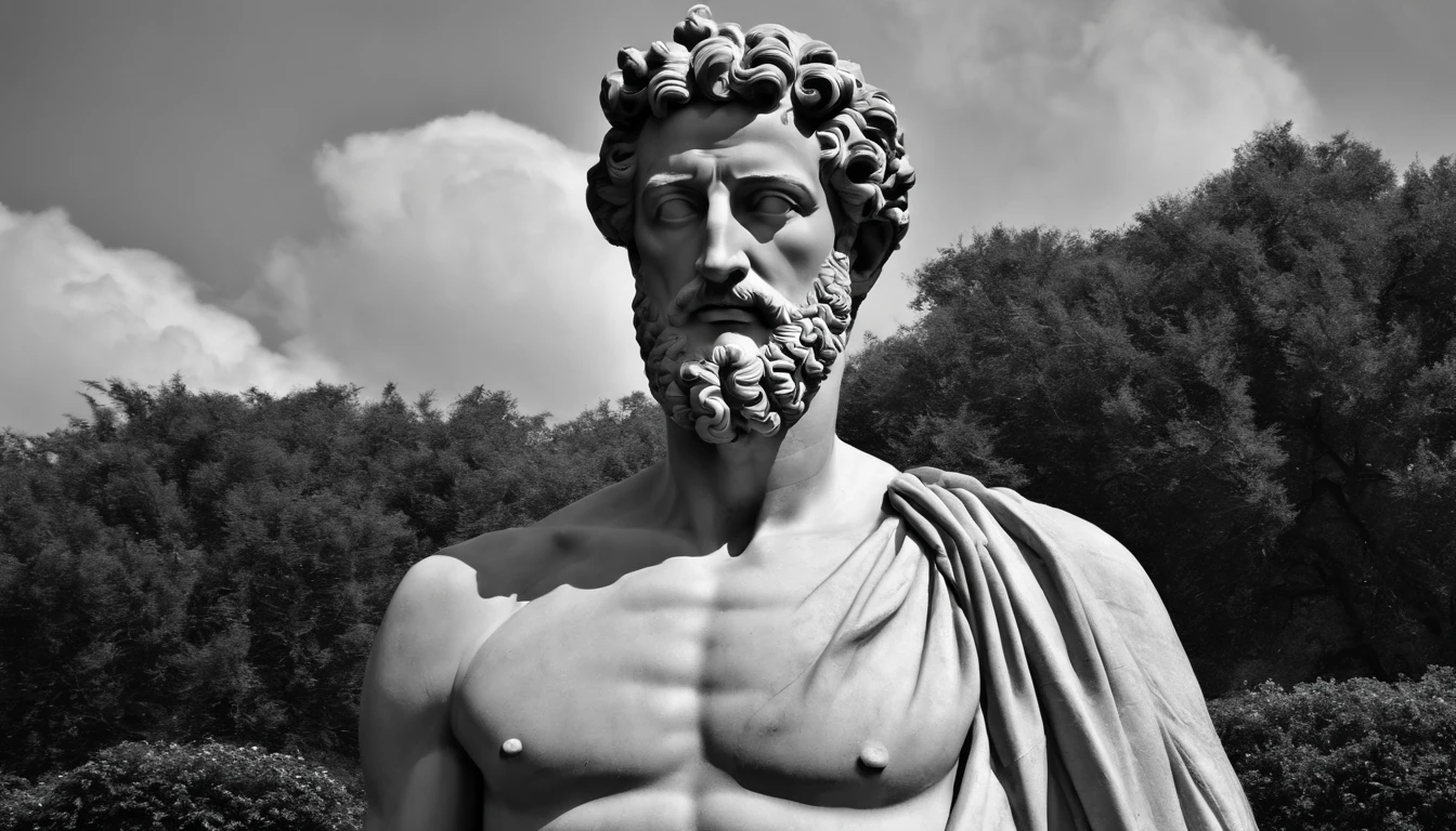 a statue of the stoic Marcus Aurelius in black and white 4K,Face de lado, papel de parede super realista, corpo forte, sem camisa, tronco forte