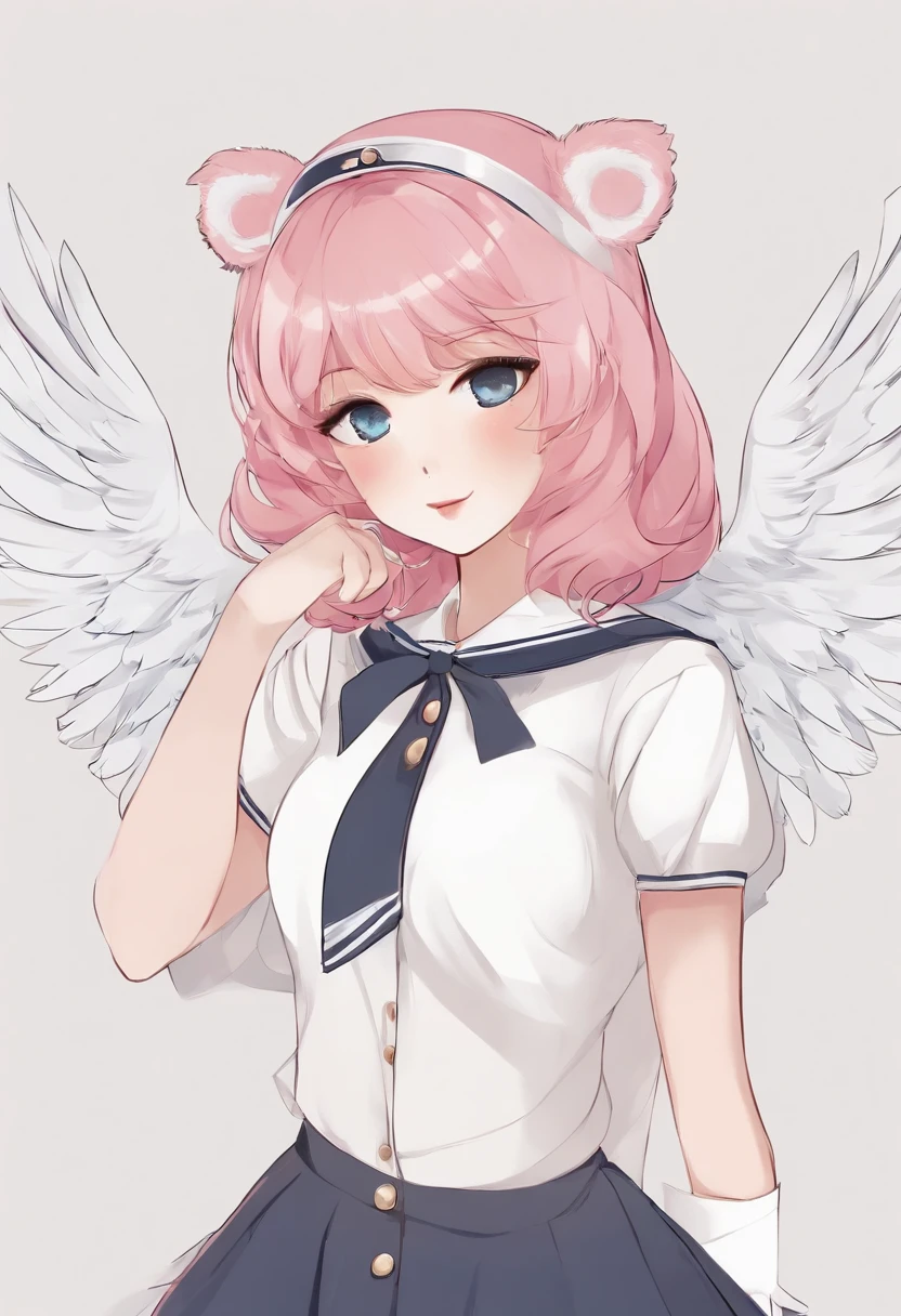 skistyle, 1girl, solo, pink hair, animal ears, blue eyes, wings, looking at viewer, mole, bangs, short hair, bow, sailor collar, simple background, white sailor collar, mole under mouth, hair bow, pink bow, closed mouth, shirt, white shirt, bear ears, bob cut, mini wings, grey background, portrait, detached wings, makeup, upper body, white background