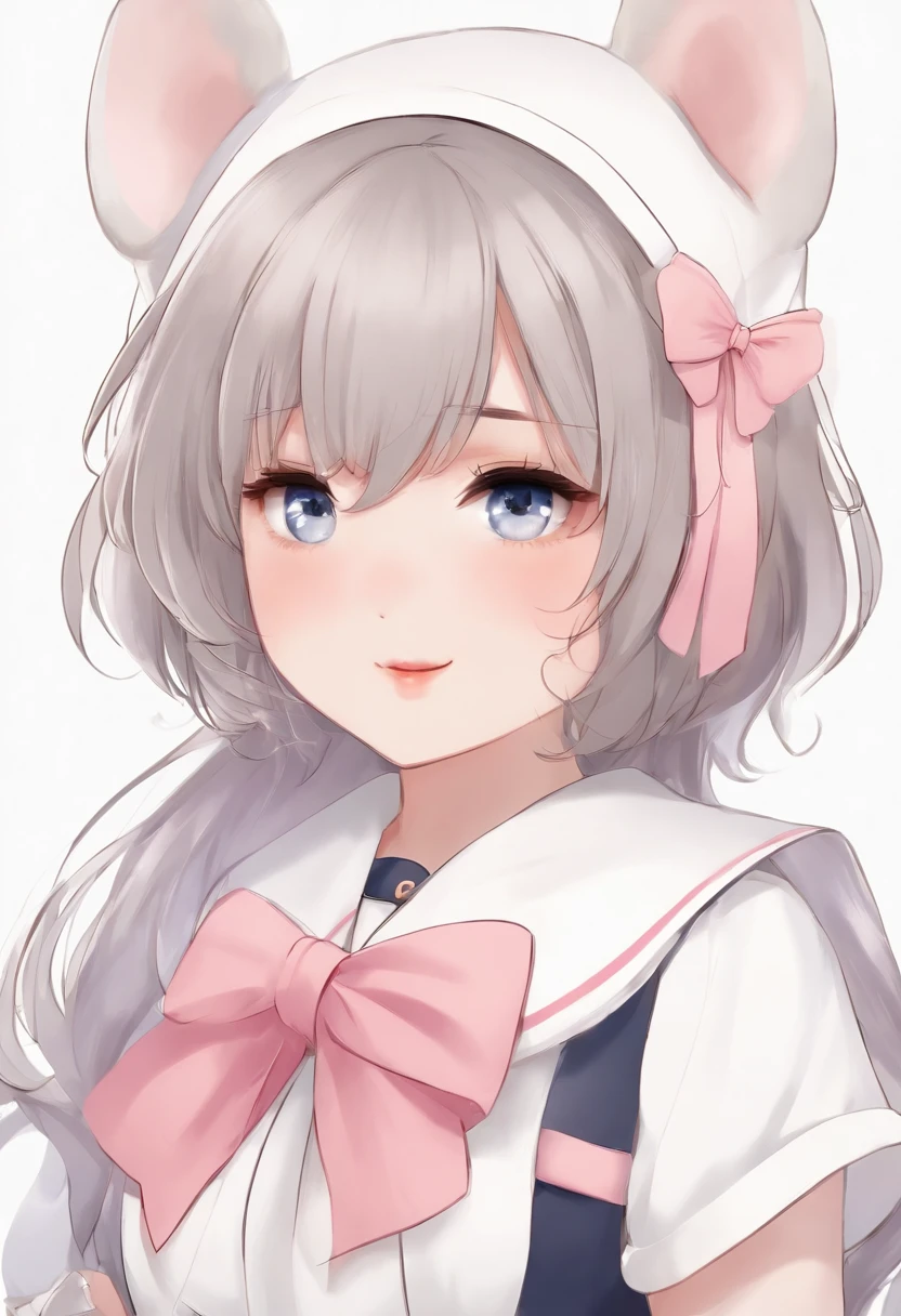 skistyle, 1girl, solo, pink hair, animal ears, blue eyes, wings, looking at viewer, mole, bangs, short hair, bow, sailor collar, simple background, white sailor collar, mole under mouth, hair bow, pink bow, closed mouth, shirt, white shirt, bear ears, bob cut, mini wings, grey background, portrait, detached wings, makeup, upper body, white background