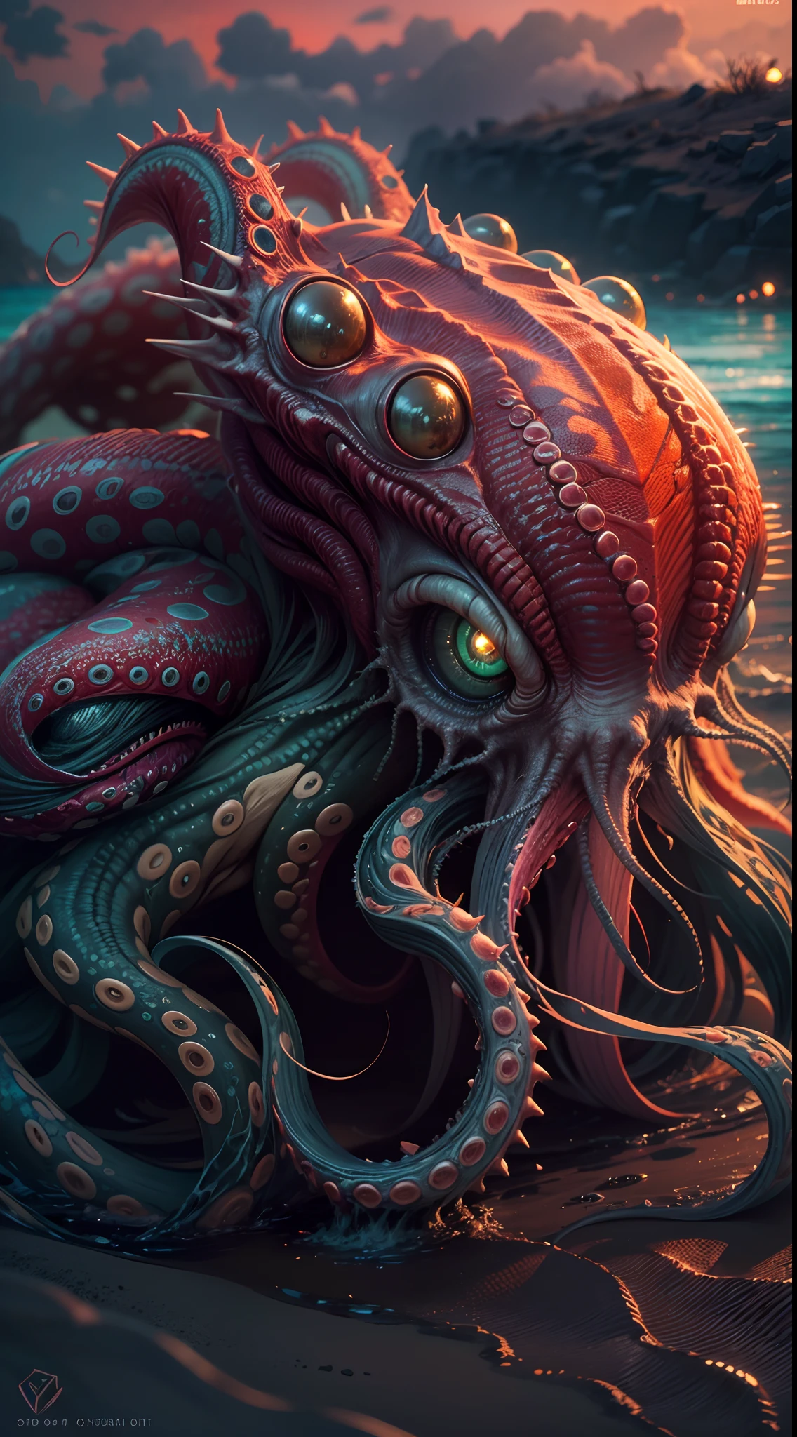 (best quality,highres,ultra-detailed),alien creature portrait,octopus-like,large size,beach landscape,alien green water sea,five glowing eyes,spiky tentacles,colorful scabrous skin,red sky,portrait,horror,concept artists,vivid colors,sharp focus,studio lighting