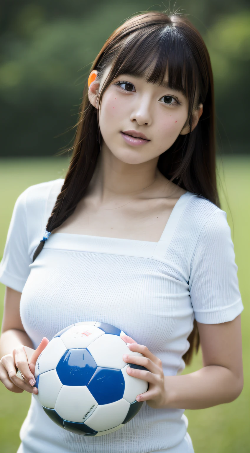 Playing Soccer、two people、(masterpiece、top-quality) 、kawaii、(Colossal tits:1.2)、((20 year old woman:1.2))、Young adorable Japan face, ,Soft portrait shots,8K,、Young cute gravure idol、、Young gravure idols、model in Japan