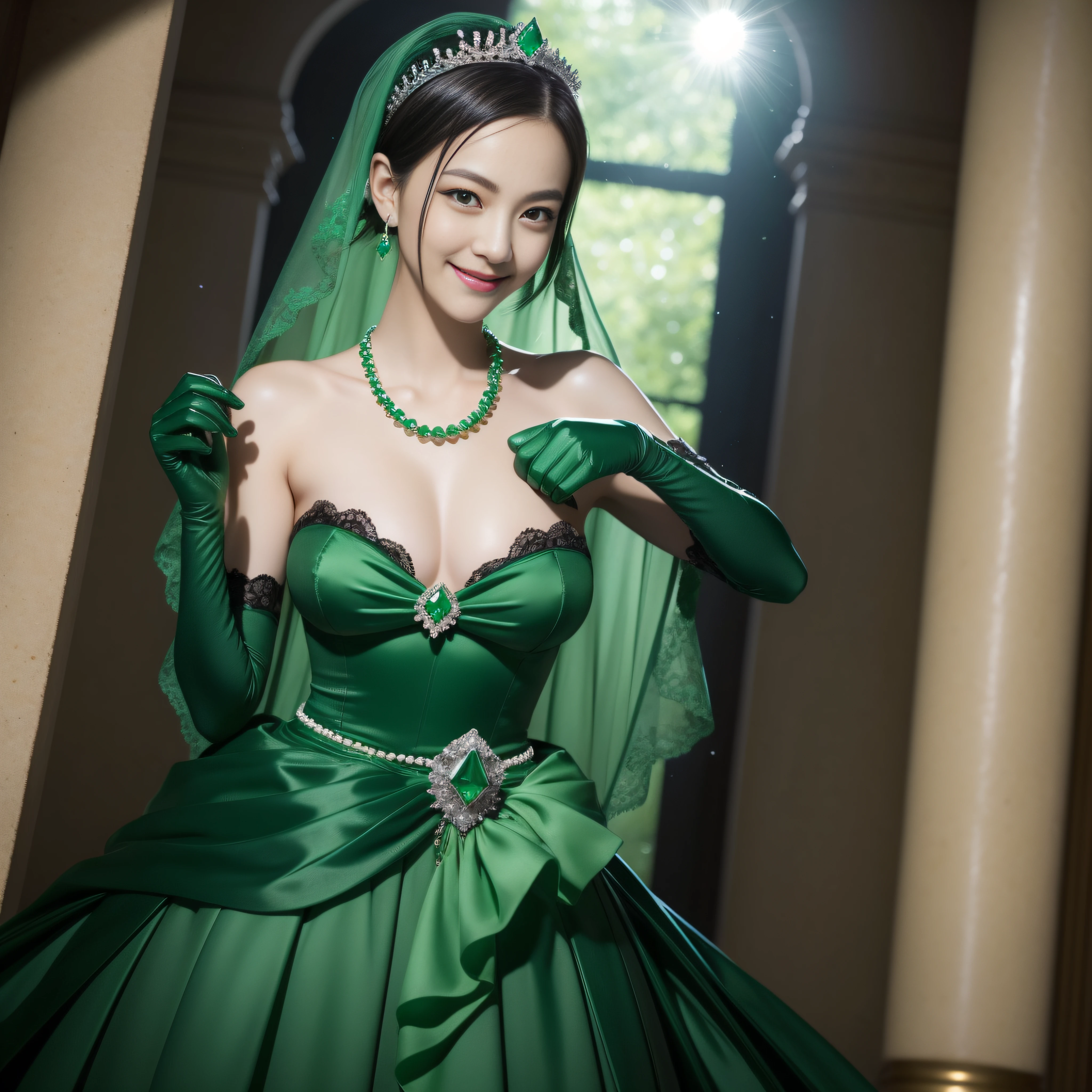 emerald tiara, Green Pearl Necklace, Boyish very short black hair, lipsticks, Japan woman smiling, Long green gloves made of satin material, very short short hair, fist, big breasts beautiful, Round face, Green eyes