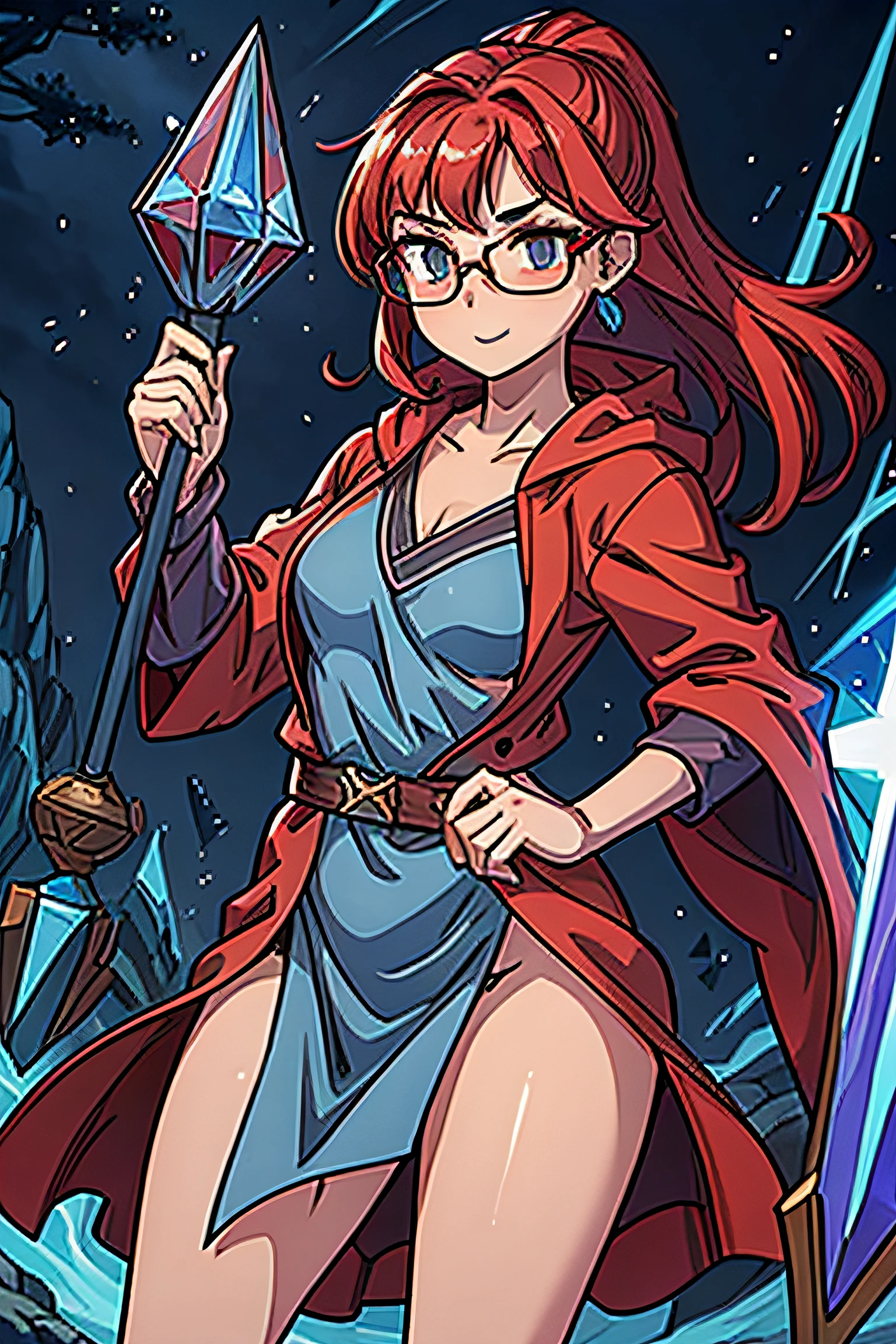 1 Girl, Nerdy, Red Head, Wizard, Badass, Sexy, Thunder Magic, Cute face, Curvy, Tight robe, Staff with blue crystal, Atronach, High Res,