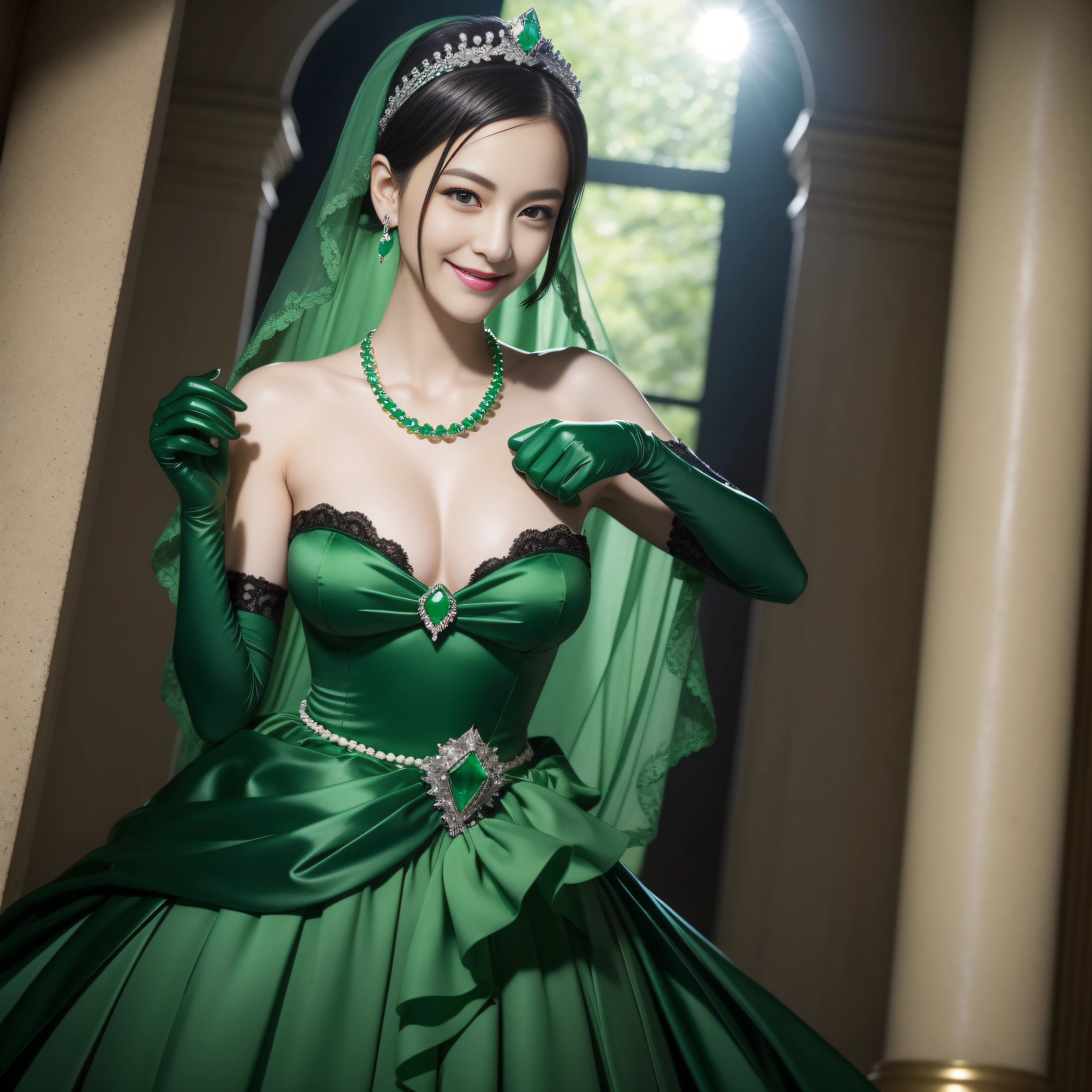 emerald tiara, Green Pearl Necklace, Boyish very short black hair, lipsticks, Japan woman smiling, Long green gloves made of satin material, very short short hair, fist, big breasts beautiful, Round face, Green eyes