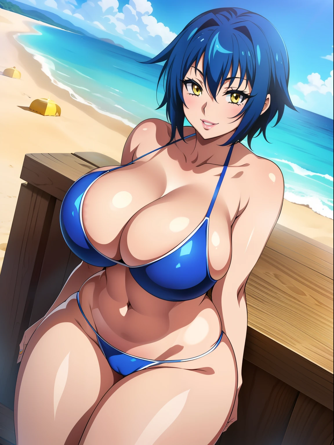 Highschool dxd, Xenovia, 1girl, (((bimbo))), short blue hair, yellow eyes, puffy lips, painted lips, thick lips, wide hips, thick thighs, big breast, huge ass, revealing cleavage, erotic, Smile face, bubble butt, camel toe, big Breasts, blue bikini, on the Beach