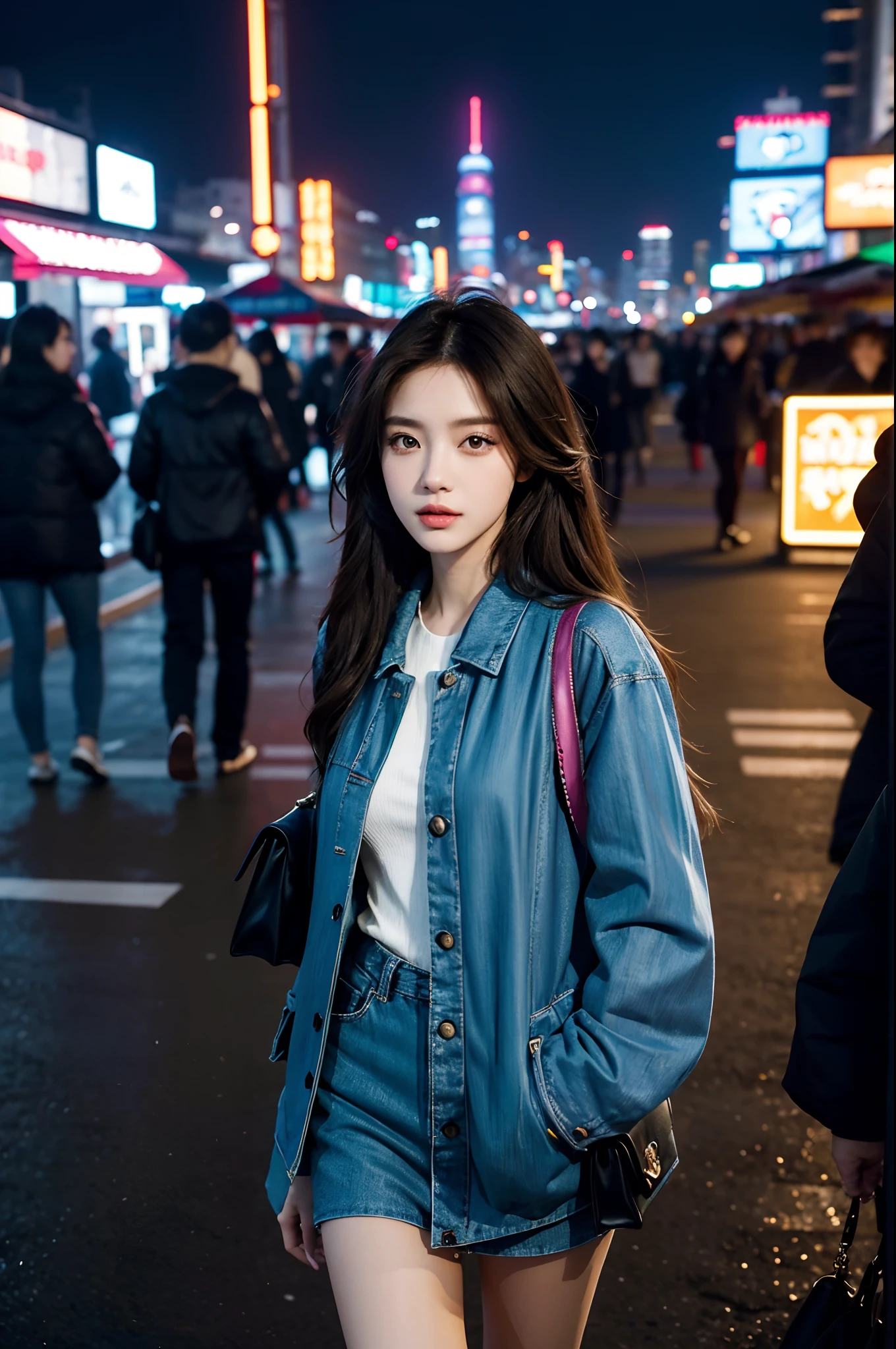 A beautiful city girl with detailed makeup, Stylish clothes, and a high-class sense of fashion, Long straight hair, Bring a stylish handbag, And wear trendy sunglasses, Walk the busy streets of Seoul confidently [urban, modern, vibrant]. Her flawless porcelain skin sparkled in the sun, Highlight her impeccable complexion. The vibrant colors of the cityscape create a vivid backdrop, The market is bustling, Neon lights, and skyscrapers [Dynamic, Energetic]. The girl is surrounded by a group of fashionable girls, Different styles, Each one reflects their personality [Stylish, diffe]. The overall scene exudes charm and sophistication.

Artworks are rendered using a mix of digital painting and photography techniques [mixed media, Contemporary]. It demonstrates a high level of detail, Girls have intricate patterns on their clothes, Highlight her fashion-forward style. Well-designed lighting，Create soft and dramatic effects, Enhance the overall atmosphere of the image [Soft lighting, Dramatic atmosphere]. The color palette consists of vibrant and saturated hues, Give the artwork a bold and captivating look [vibrant, Colorful]. The composition of the artwork is carefully balanced, Draw the audience's attention to the fashion girl in the middle，while capturing the energy of the surrounding city [Balanced composition].

(Best quality, 4K, High-res), Ultra-detailed, realistic artwork, With a clear focus and vibrant colors, The perfect summary of the essence of urban fashion [Masterpiece:1.2, Ultra-detailed, Realistic:1.37]. The image quality is top-notch, Show every intricate detail of girls' makeup, Her stylish suit, and vibrant cityscapes. The overall feel of the artwork is exquisite，Visually stunning.