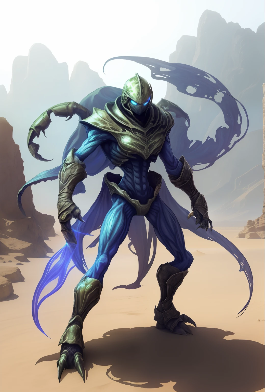 Translucent ethereal alien warrior，Huge scorpion，arthropods，Operate in the desert