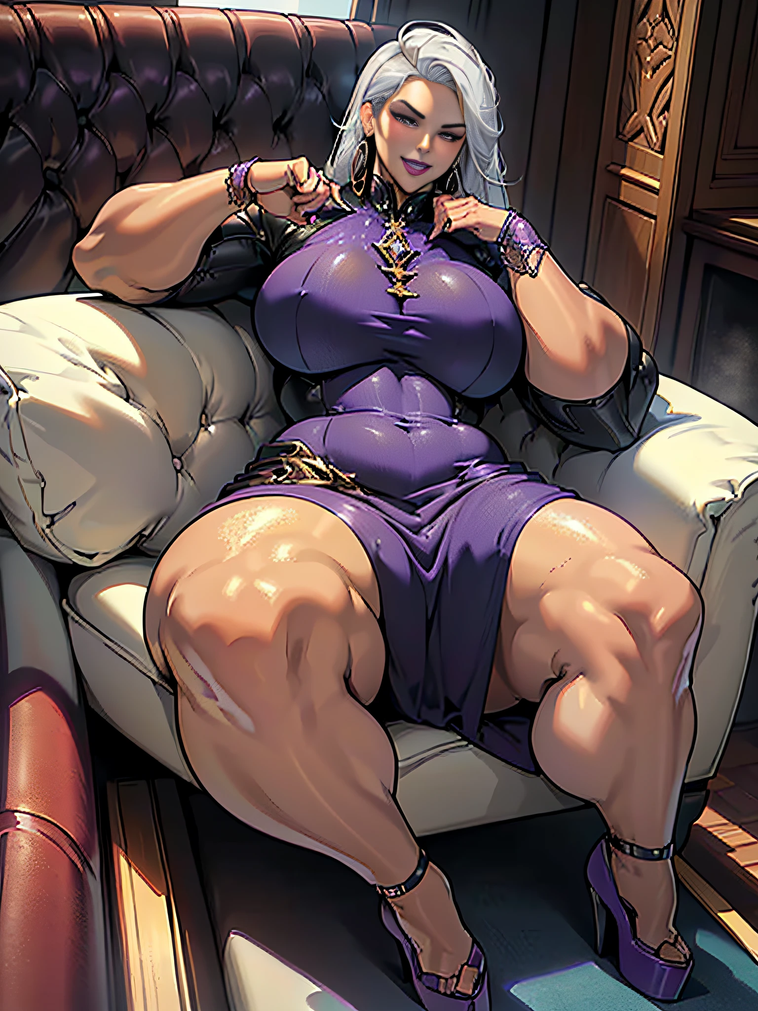 Elaborate CG artwork, (best qualtiy, exquisite detailing, absolute masterpiece), (Head to Toe Image)), ((Full body image)),(Lying on the couch),(plus size model)),((Tight dress with white slit)), (((mahogany colored dark skin))), ((shorth hair)),(Beautiful with mahogany black skin lying on sofa、Wearing a white tight dress and high heels),(((Light silver hair))), Detailed beautiful mature face, very detailed beautiful face and eyes, (detailed seductive and sharp eyes), (plump shiny purple lips)), (Purple Eye Shadow), blush, (sadistic seductive smile), (Curvaceous), ( unbelievably huge curvaceous hips), (very huge sensual ass), (ridiculously massive thick thighs), (glittery skin), (wet oily skin), Fingernail Art, Jewelry, Bracelet, hoop earrings