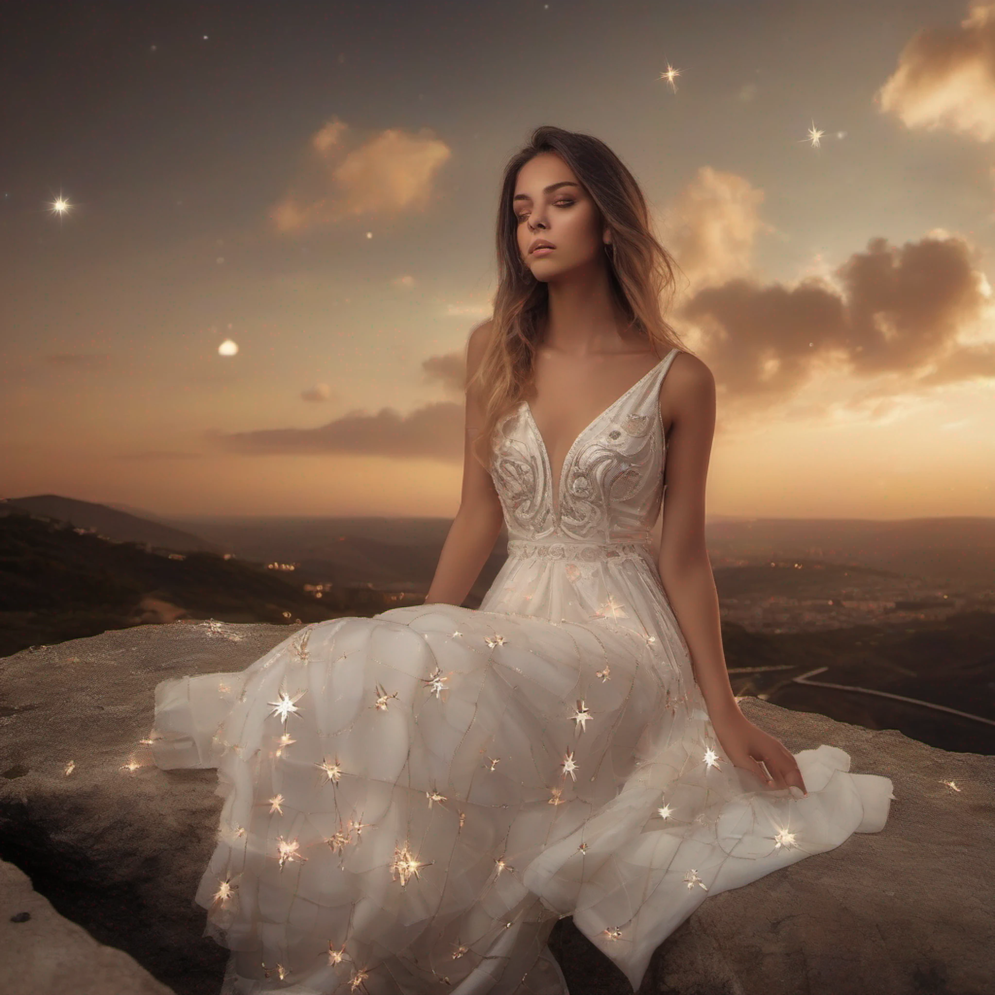 32k, Foto RAW,(corpo inteiroesbian)(master part), (melhor qualidade), ((ultra-detalhado)), (hiper-realista), (foto altamente detalhada),(Ela mesma fluoresce como um todo:1.5),8k, Foto RAW, , Estrelas, night sky,lua,ventania, melhor qualidade, master part, highdetailRAWcolorphoto, Foto Profissional,(highdetailskin:1.2), (A saia brilha fracamente:1.7), Cinematic lighting, fotorrealista, Very beautiful young lady on marble rocks, dramatic pose, Delicate and delicate fluorescent sparkling ancient greek style pearl dress, shining, O brilho, batata frita, Glamour, epics, foco, artistic, muito brilhante, Penteados complexos, pattern, baixo-relevo