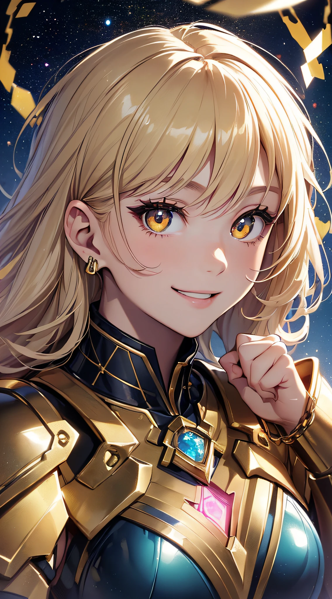 top-quality、Top image quality、​masterpiece、girl with((18year old、Cosmic Metallic Armor、Best Bust、Bust 90、a blond、Semi-long、Glowing eyes、open chest wide、Valley、Happiness、Luminous Chain Accessories、Cosmic Accessories、weightless、fists up、The best smile、Laser from both hands,top down、Reflecting the whole body、looking up at the viewer）hiquality、visualart、Background with(spaces、stele々、kosmos))、masutepiece、Best graphics、Super delicate