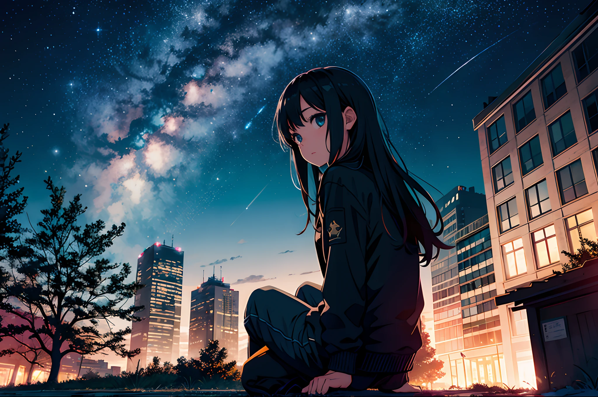 octane, sky, star (sky), landscape, starry sky, night, , night sky, solo, outdoor, signature, building, clouds, milky way, sitting, tree, long hair, city, silhouette, cityscape