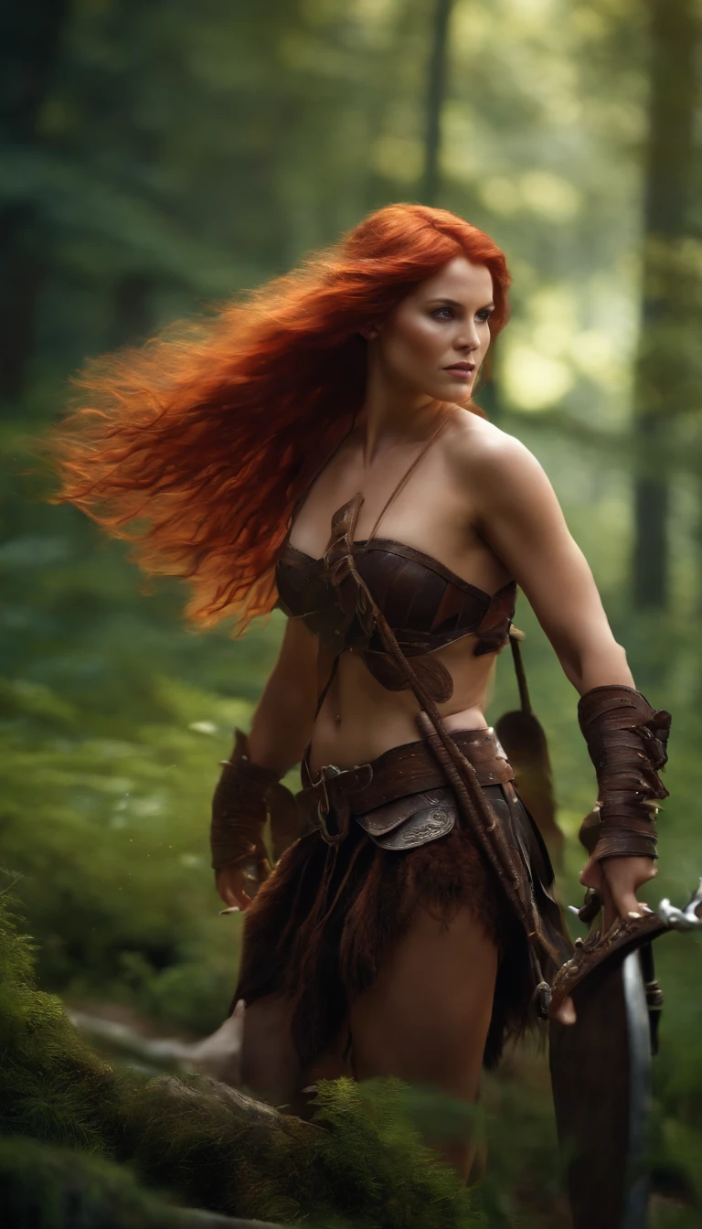 A beautiful girl,female barbarian,back,back,Back shadow,Red hair fluttering,The wind blows hair,The background is a primeval forest,8K high-definition, highly detailed surreal vfx,oc rendered,Shot with 70 mm - AR 16:9 --q 2 --s 1000