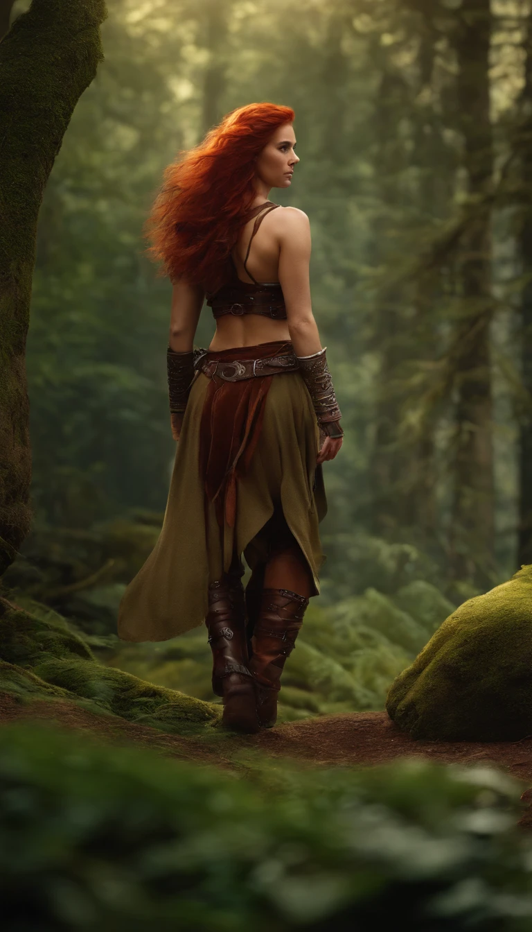 A beautiful girl,female barbarian,back,back,Back shadow,Red hair fluttering,The wind blows hair,The background is a primeval forest,8K high-definition, highly detailed surreal vfx,oc rendered,Shot with 70 mm - AR 16:9 --q 2 --s 1000