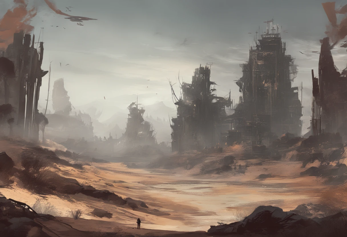 Post-apocalyptic wars, Shades of white, Nero, A desert , shadowing, Gloomy atmosphere, darkly, ((natta)), The breadth of the landscape, book cover,Wasteland,,Shabby clothing,patches,Rusty samurai armor,samurais,masks。