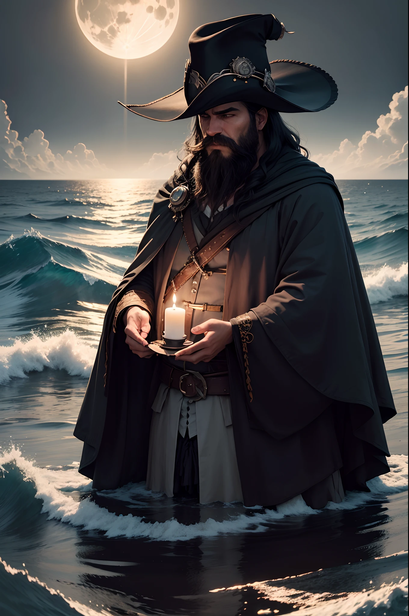 Standing on top of his ship, a dark and mysterious Pirate captain, desamparado, seu rosto gravado de tristeza e desespero, adorned with a thick beard and a captain's hat,avegando por mares enevoados,segurando uma vela,luz fraca,revela meia face,wrapped in loneliness,atmosfera enevoada,Surrealista,Paisagem marinha misteriosa,estranho,Ethereal,noite de luar,Assombrando,agourento,lone,luz de velas piscando,invisible dangers lurking,curiosidade e incerteza,encantado,Enchanted Journey Through the Darkness,Dark silhouette in mist,velado em sigilo,revelando apenas metade do rosto,ecos distantes do mar,Ventos sussurrantes,Mysterious misty veil, entos sussurrantes,Mysterious misty veil,beleza sobrenatural,calma, mas assombrosa,Deep loneliness,reflection of the moon on the surface of the water,Ondas escuras batendo contra o navio,majestoso e sinistro,Navegando silenciosamente pelo desconhecido,solitary night watch,On the verge of a dream,Stories hidden in the mist,Shadows dancing by candlelight,Incessant journey into darkness,feeling of anticipation and apprehension,segredos velados e verdades ocultas,Unfathomable depths,uncertain path through the mist,invisible beauty