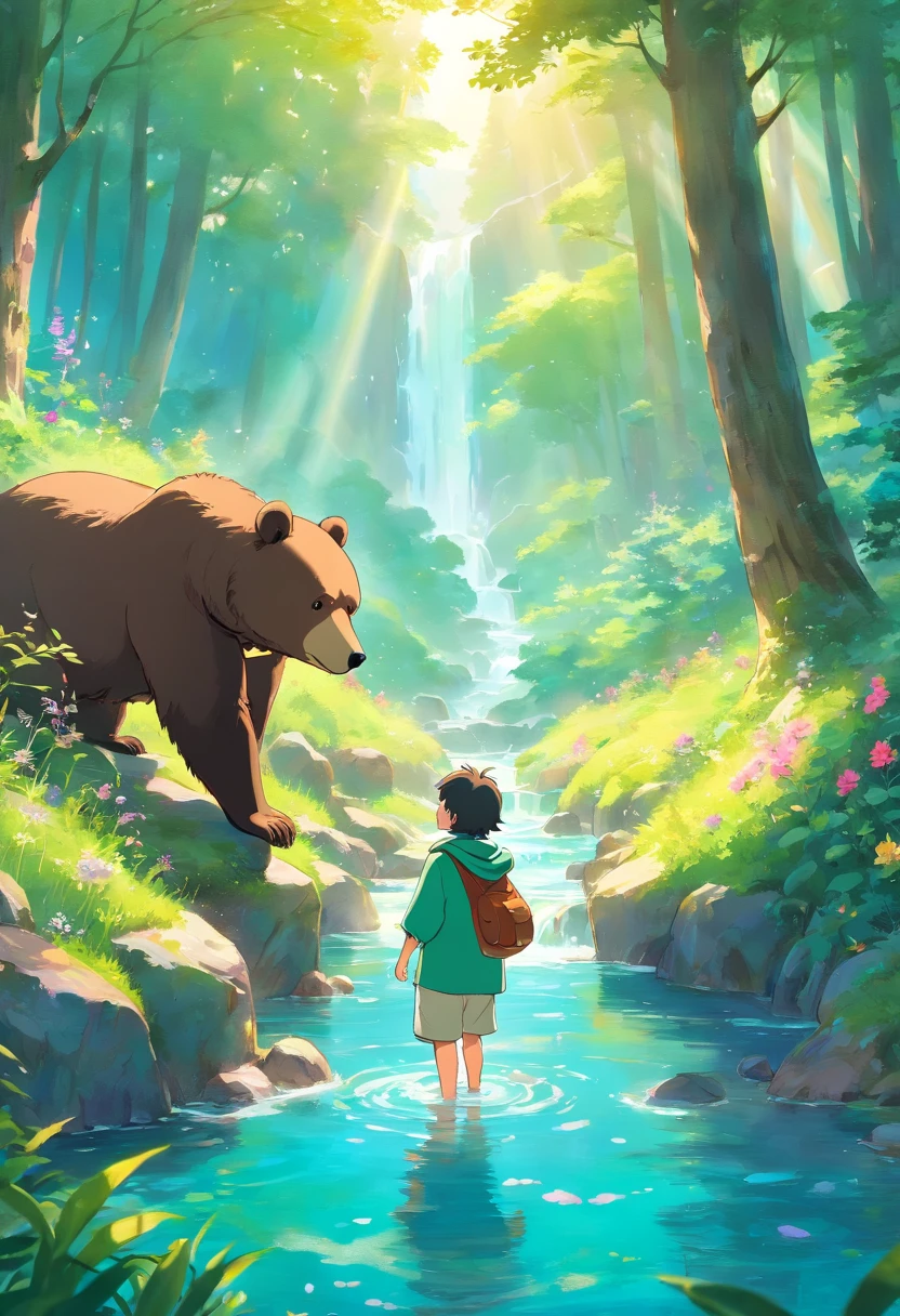 (highres,photorealistic) A boy, smiling, walks hand in hand with a big bear into a vibrant and enchanting landscape. The boy's eyes are bright and filled with wonder, while the bear exudes a warm and friendly presence. The scene is bathed in soft, golden sunlight, casting a warm glow over everything it touches. The boy wears a colorful outfit, reflecting his joy and curiosity. The bear has a lush, textured fur, emphasizing its gentle nature. The land they traverse is alive with vibrant flowers blooming in rich hues, while tall, majestic trees tower above them. The air is filled with the scent of nature, and birds sing their melodic tunes as they soar across the sky. The landscape is a harmonious blend of vivid greens, blues, and pinks, creating a sense of magical realism. As they walk further, they come across sparkling streams gushing with crystal-clear water, inviting them to take a refreshing dip. The land ahead holds countless mysteries, promising exciting adventures and endless possibilities.