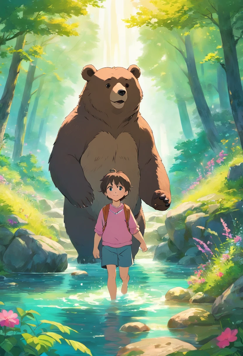 (highres,photorealistic) A boy, smiling, walks hand in hand with a big bear into a vibrant and enchanting landscape. The boy's eyes are bright and filled with wonder, while the bear exudes a warm and friendly presence. The scene is bathed in soft, golden sunlight, casting a warm glow over everything it touches. The boy wears a colorful outfit, reflecting his joy and curiosity. The bear has a lush, textured fur, emphasizing its gentle nature. The land they traverse is alive with vibrant flowers blooming in rich hues, while tall, majestic trees tower above them. The air is filled with the scent of nature, and birds sing their melodic tunes as they soar across the sky. The landscape is a harmonious blend of vivid greens, blues, and pinks, creating a sense of magical realism. As they walk further, they come across sparkling streams gushing with crystal-clear water, inviting them to take a refreshing dip. The land ahead holds countless mysteries, promising exciting adventures and endless possibilities.
