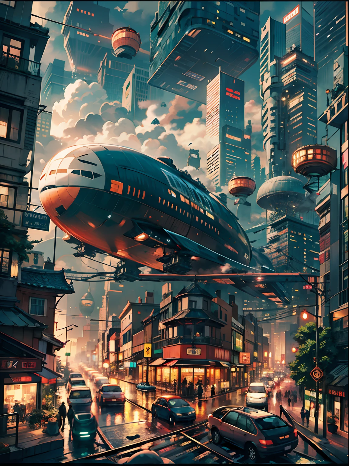 Very large airship、Lots of clouds,heavy fog、starrysky、Moon,Chaotic city of the future、Movie dystopia、A group of very tall skyscrapers stands in the center、Very complex cityscape,Crowded Chinese skyscrapers、street signs、streetlights、taxis、buses、Train、Pretty dim lighting、Dark road、puddles、Chaotic、Beautiful and fantastic scenery、Cinematic scenery、hightquality、masutepiece,in 8K、hight resolution、
