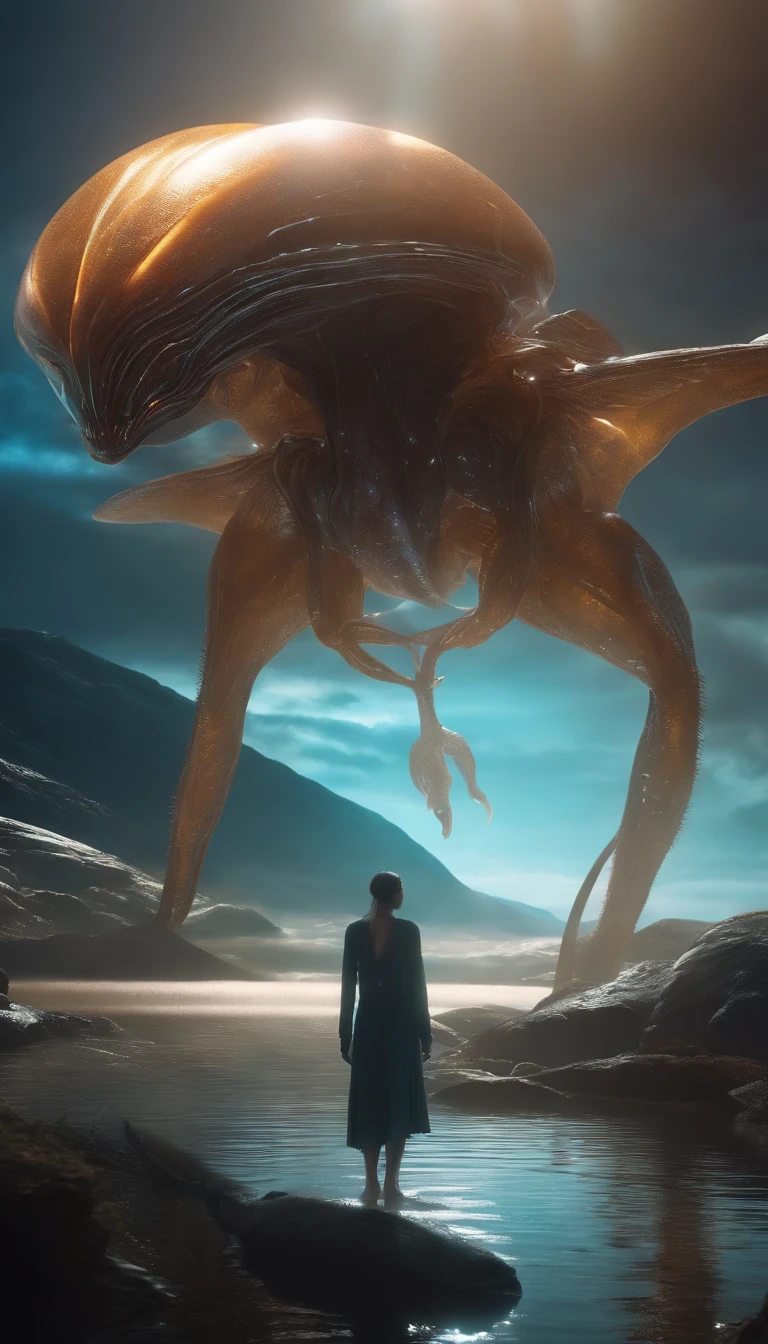 Translucent ethereal alien creatures,中景 the scene is,Full body like, highly detailed surreal vfx,oc rendered,Shot with 70 mm - AR 16:9 --q 2 --s 1000