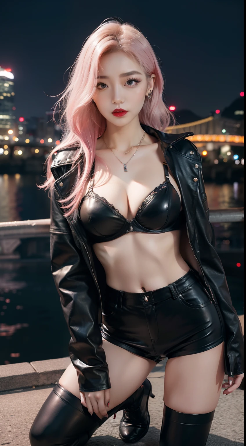 beautiful girls, Korean makeup, Red lips, Platinum hair, thigh, Standard physique, big breasts, lower abdomen, necklace, umbilical piercings, sexy little leather bra, Wide outerwear made of leather, Tight leather shorts, kneel, kneeling position, Midnight city view by the river ,