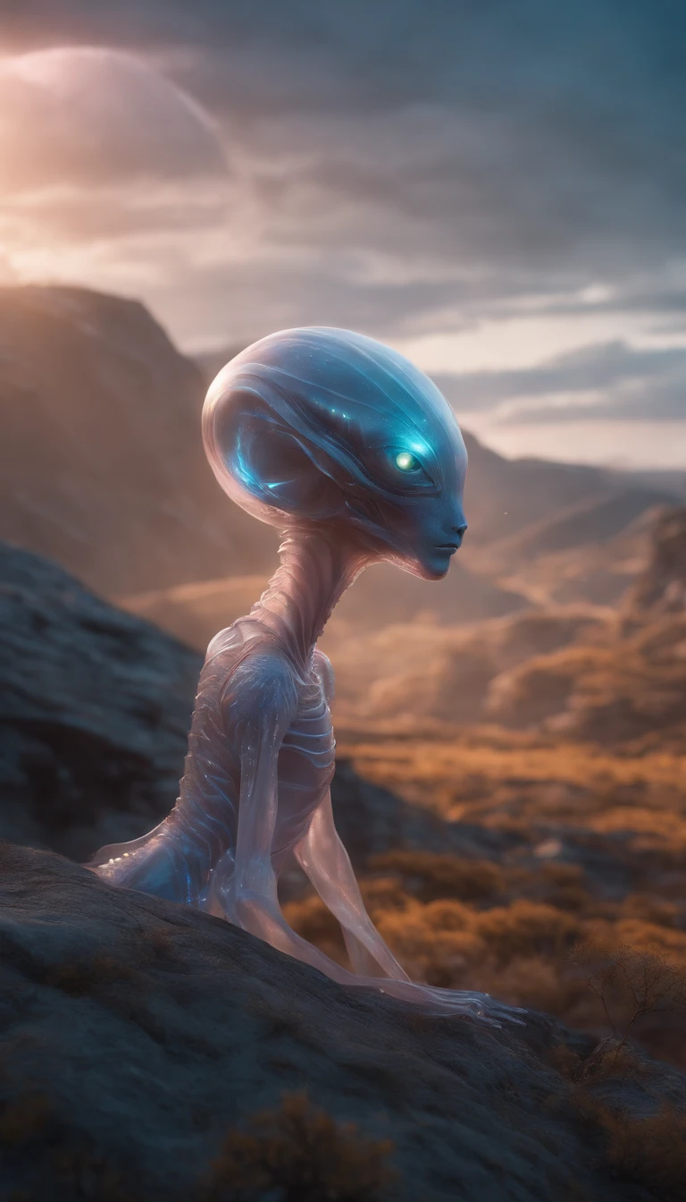 Transparent ethereal alien creatures，中景 the scene is，Full body like， highly detailed surreal vfx，oc rendered，Shot with 70 mm - AR 16:9 --q 2 --s 1000