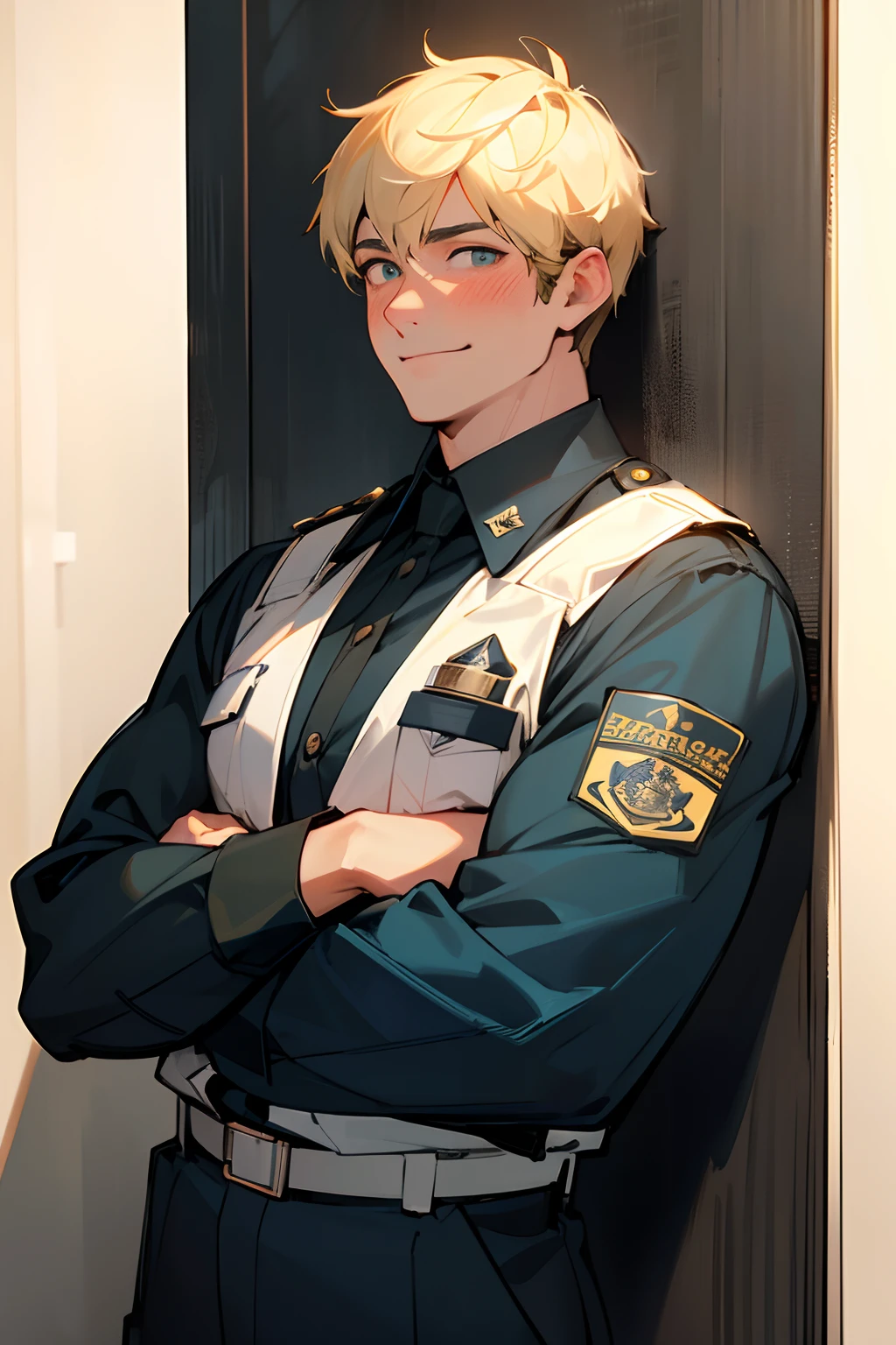 (best quality,4k,8k,highres,masterpiece:1.2), ultra-detailed, realistic:1.37, HDR, UHD, studio lighting, extreme detail description, professional, vivid colors, bokeh, portraits, police officer, man, blocking the passage with both hands on the wall, wicked smile, blushing face, sharp eyes, wicked smile, strong masculine body, correctional officer uniform