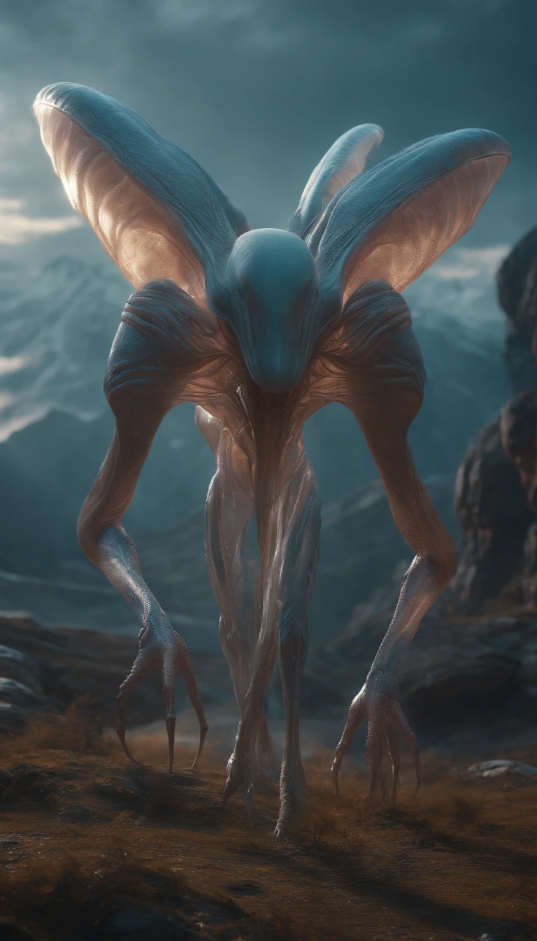 Translucent ethereal alien creatures,中景 the scene is,Full body like, highly detailed surreal vfx,oc rendered,Shot with 70 mm - AR 16:9 --q 2 --s 1000