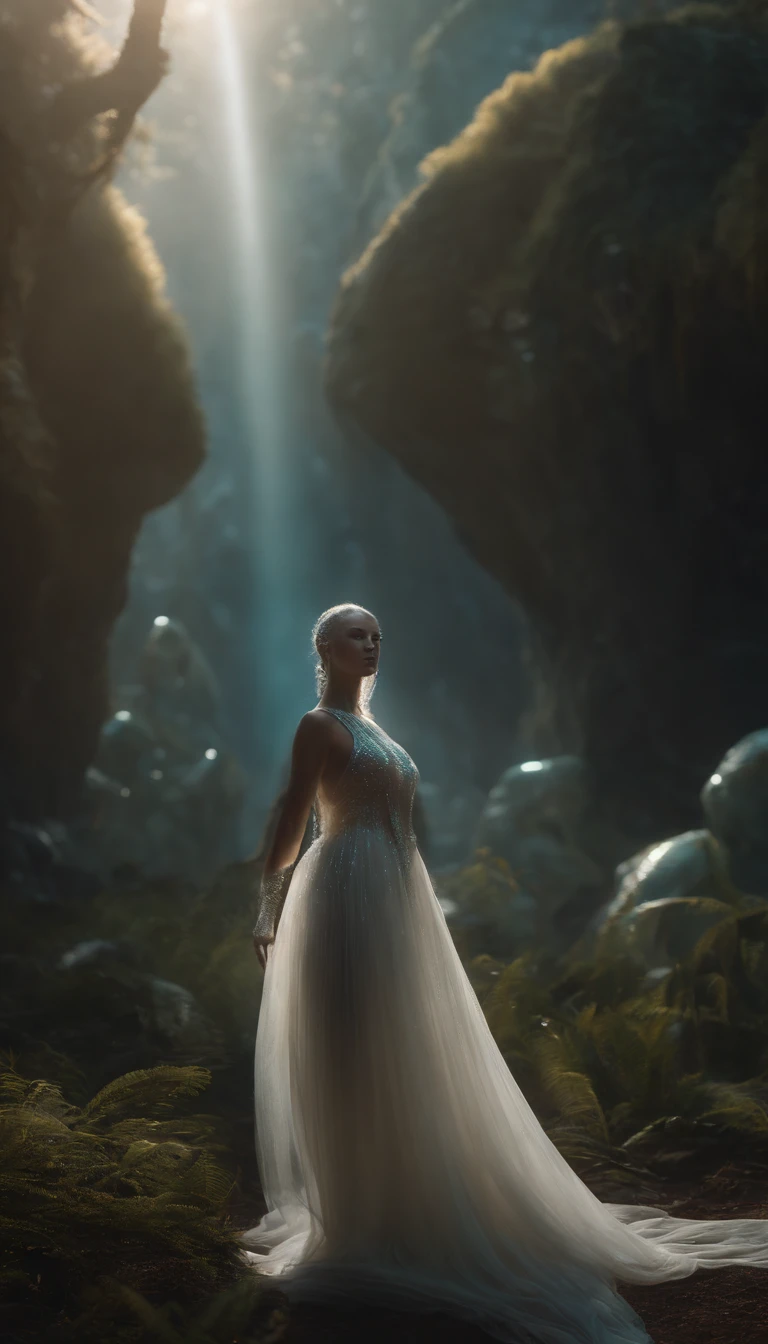 Translucent ethereal alien creatures，中景 the scene is，Full body like， highly detailed surreal vfx，oc rendered，Shot with 70 mm - AR 16:9 --q 2 --s 1000