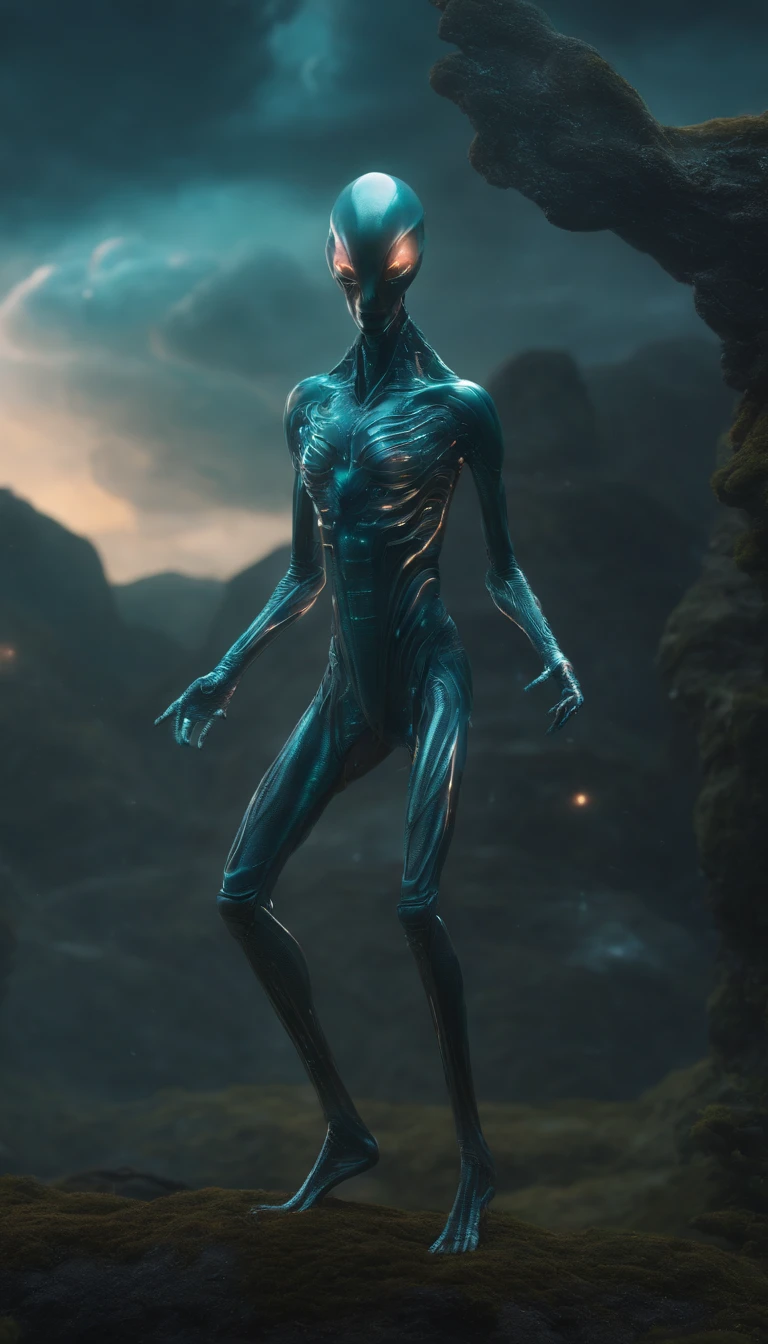 (best quality,8k,ultra-detailed,realistic:1.37),alien,strongly detailed features,symmetrical(long body,long legs,long arms),distinctive appearance,proportional body structure,large head,large black eyes,large nose,full lips,light green skin tone,intense gaze,otherworldly presence,unique facial expressions,eerie yet intriguing,full-body view,subject in the center,striking contrast in colors,vivid and saturated,soft lighting,highly detailed textures,masterpiece:1.2