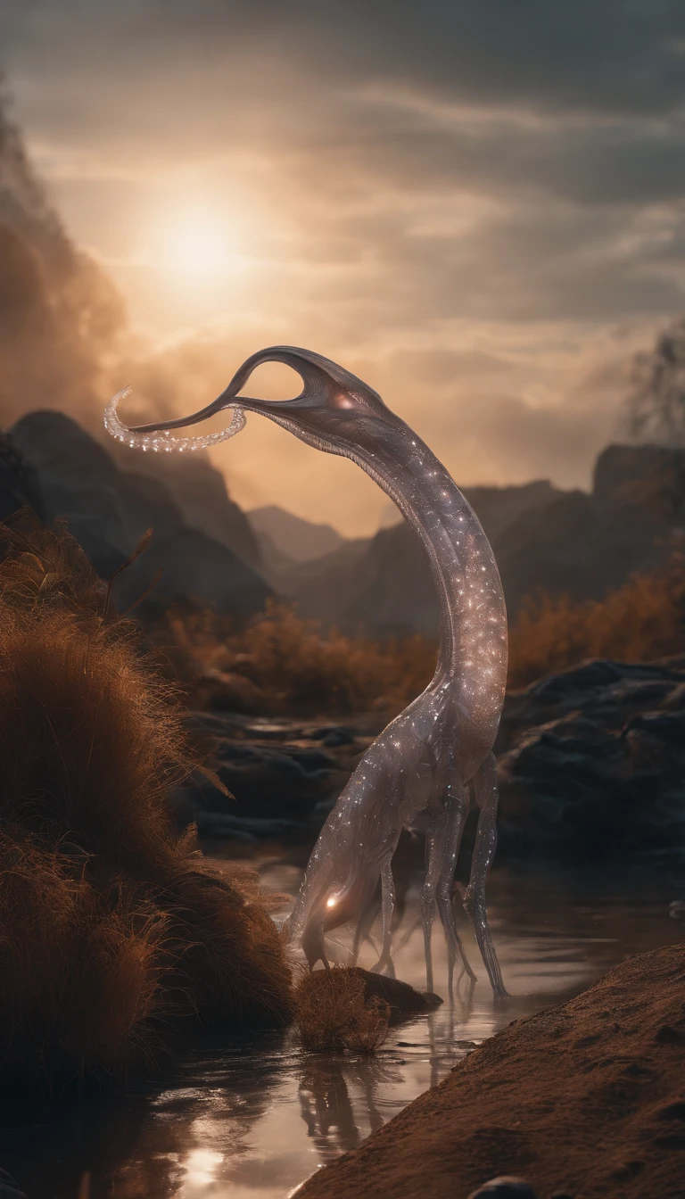 Translucent ethereal alien creatures，中景 the scene is，Full body like， highly detailed surreal vfx，oc rendered，Shot with 70 mm - AR 16:9 --q 2 --s 1000