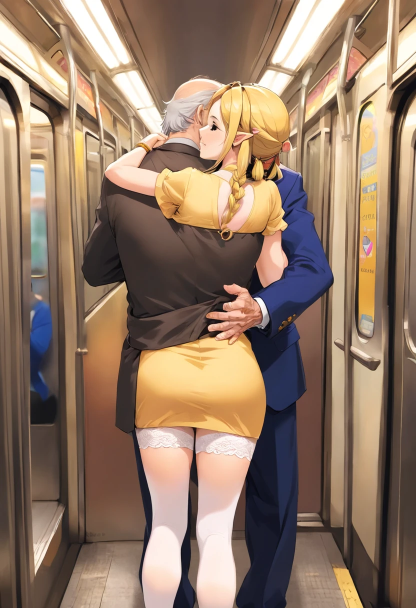 NSFW, Realistic, masutepiece, VERY crowded subway train interior detailed scenario, VERY crowded subway train interior detailed background, Group of men, group of men corner a woman on the train, man pulling women's hair, man holding women tightly, man crushing women, they sensually attach their bodies, very hot sex, very horny woman, very perverted and hot scene, pussy full of semen, pussy dripping with semen, appetizing pussy, very wet and red pussy, whole body, Insanely hot standing (woman 1) Use something sexy dress, （Highlights hair, long blonde hair,beautiful detailed body, detailed sparkling purple eyes,）、（Indigo eyes）、（Mole under the mouth）(((Lifted skirt)),（Big breasts）、 (Big ass), (open legs), (thick thigths), (fear expression), blushed face, pervert man ass groping woman 1 from behind,((( naughty man pressing his chest, he squeezes her breasts, she penetrates herself with his cock, squeezing breasts, on woman 1 back))) And (((holding her waist behind her))), having sex, penetrated pussy, open legs, abused, fear face, lovely face, pleasure, depravated, private parts is very visible, getting a woman pregnant,