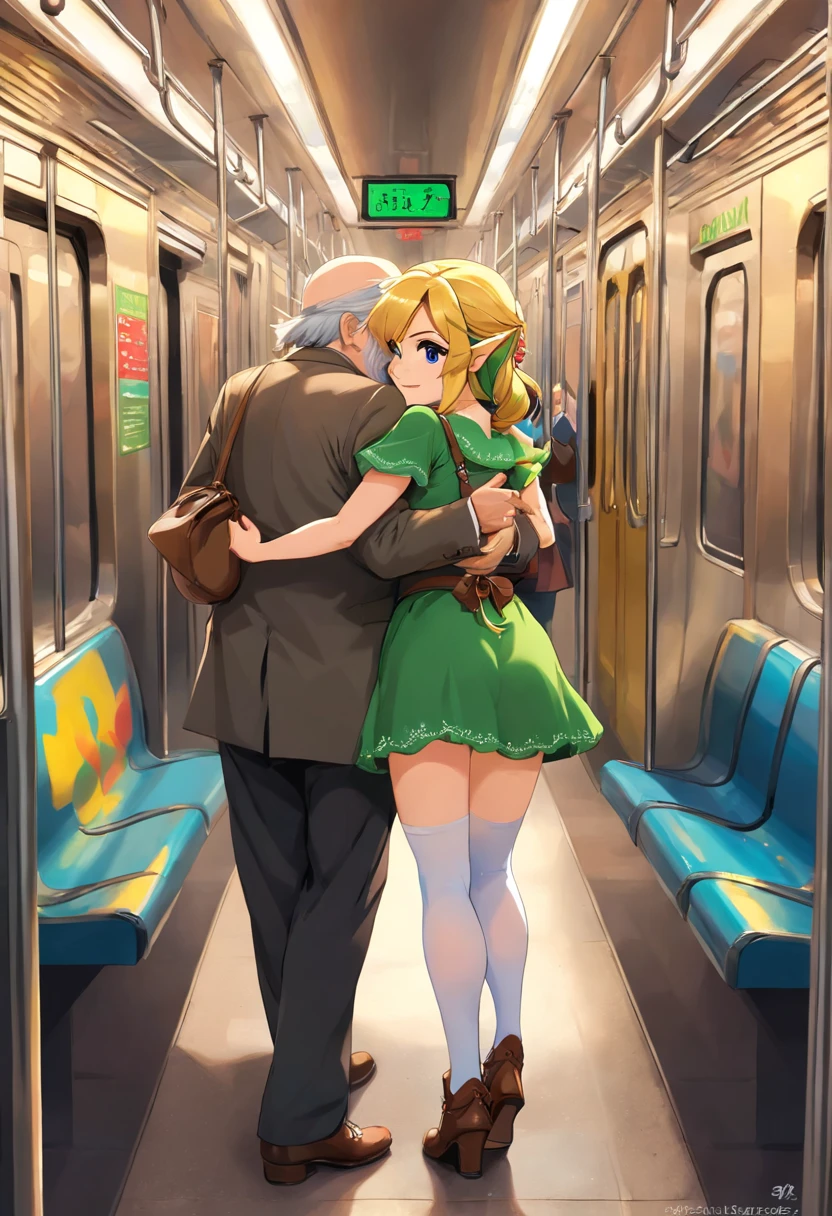 SFW, realistic, masterpiece, (VERY crowded subway train interior detailed scenario), (VERY crowded subway train interior detailed background), standing insanely hot (woman 1) using sexy ((mini dress)), (((lifted dress)), ((big ass)), ((thick thighs)), ((3/4 white stockings)), (fear expression), blushed face, old small man ass groping woman 1 from behind,(((old man pressing his chest on woman 1 back))) and (((holding her waist behind her))), face to subway door groping ass check