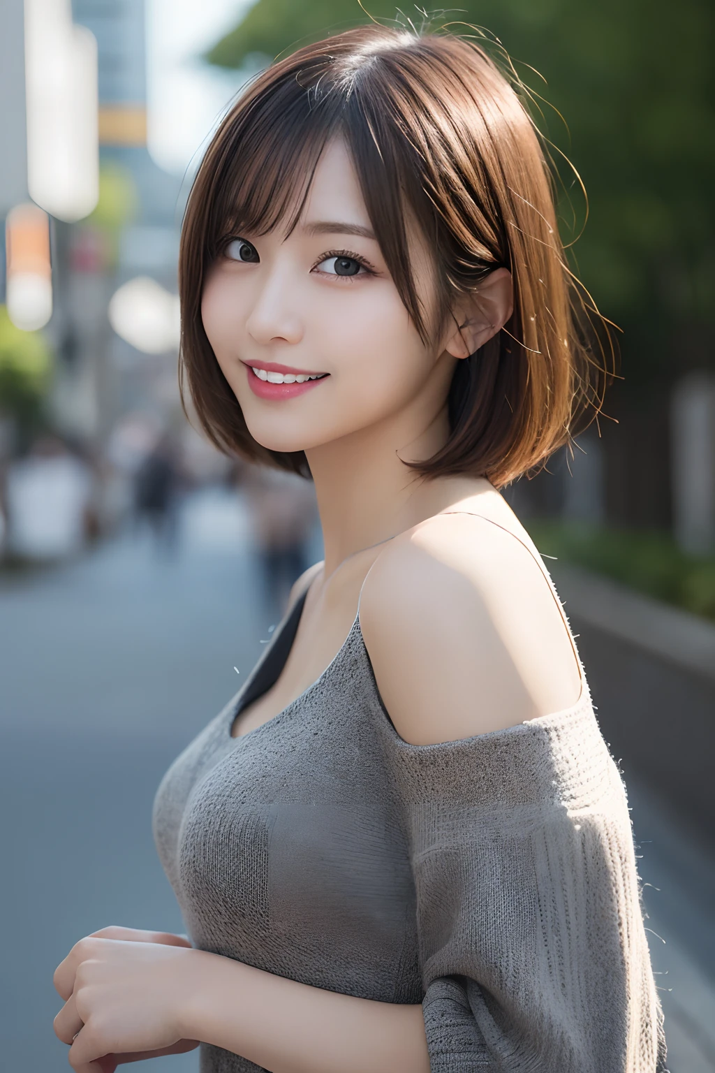 8k,Highest quality,(masterpiece:1.2),(Realistic),(Realistic:1.37),Ultra-high resolution,1 female college student,city,smile,Beautiful Eyes,(((Cute casual clothes))),Big Breasts,Perfect body,Perfect Fingers,Professional Lighting,gravure,Detailed face and skin texture,fine grain,RAW Photos