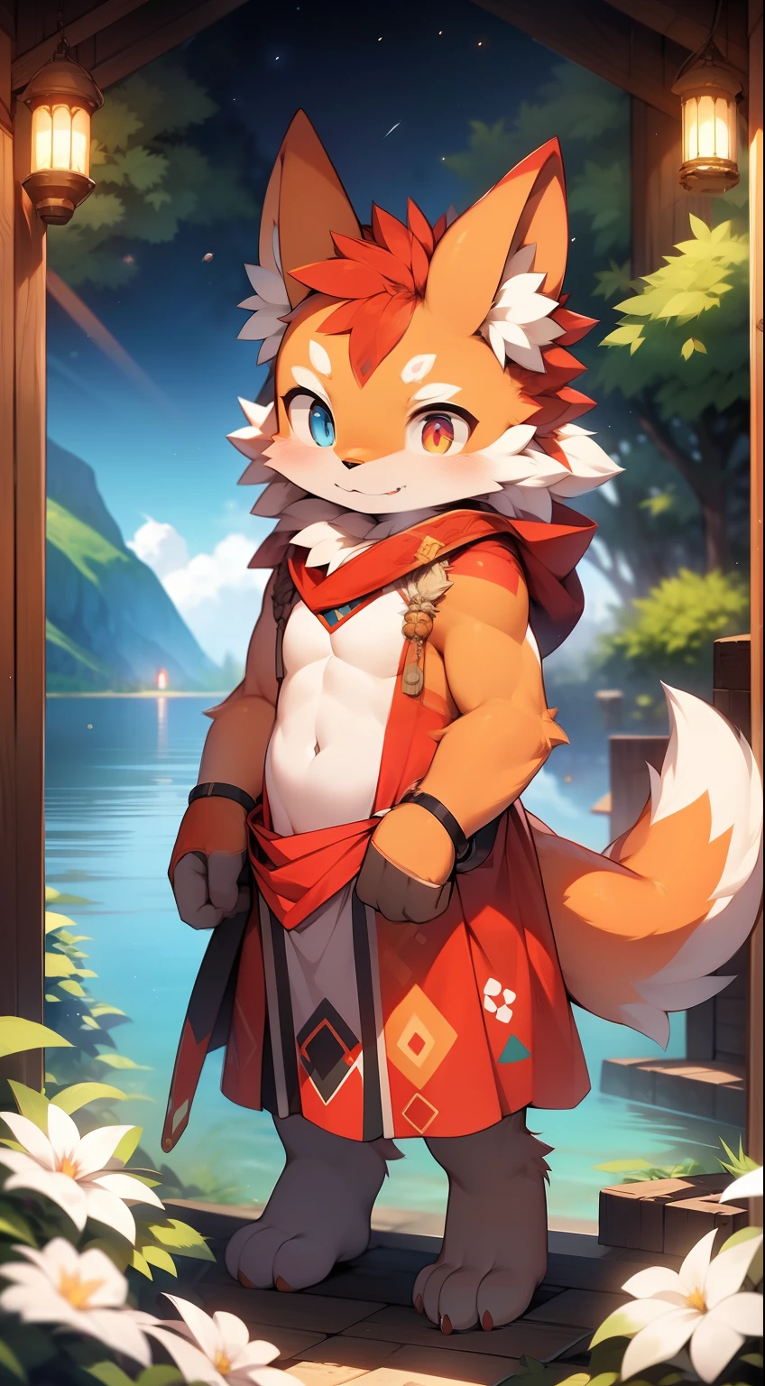 chibi, solo forest, lake, night, moonlight, flowers, tree anthro, canid, fluffy_body, full body naked, furry, topless, loincloth, underwear, (solo) Masterpiece, High Resolution, 8k, Detailed Background, High Quality, BREAK, ((pale yellow fur, red hair, orange body, brownsclera, blue eyes, detailed fur, naked ,)) fur, break, male, humanoid standing, facing_viewer yellow_eyes, bright_pupils, pink nipples's tips, big nipples's tips, pierced nipples, leaking breast milk looking_at_viewer, smile, slightly blush, sheath outline, fully sheathed, sheath expansion, penis erection under cloth, leaking precum, detailed bulge, lust, muscle outline best_quality, hi_res, masterpiece, absurd_res, Surrealism Highly_detailed, 4k, high_detail, detailed_background, drop_shadow, textured_skin, anatomically_correct nsfw, uploaded_on_e621, (by_cydonia_xia: 1.1), (by_dagasi: 0.4), (by_Hioshiru:1.2), (by_Ancesra:0.6), (by_Kekitopu:0.6), (by_Syuro:1.2), (by_Doxy:0.6), (by_youjomodoki:0.6), by_dacad, (by_reysi:1.2), by_zinfyu, by_pata, by_chunie, by_dr.bubblebum
